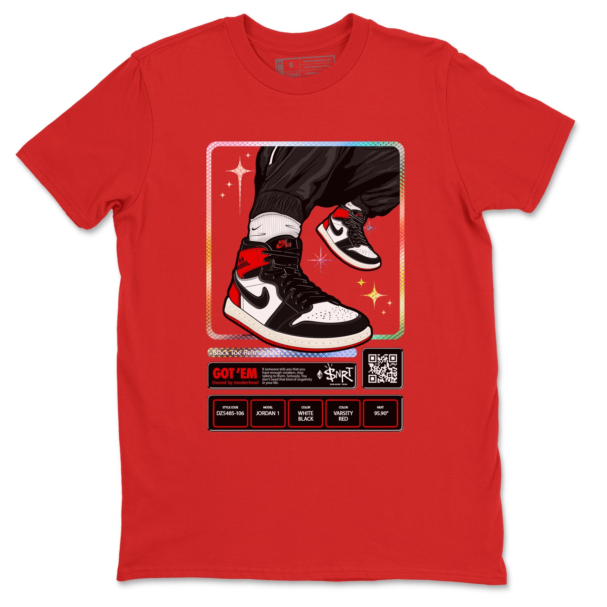 1s Black Toe Reimagined shirts to match jordans Sneaker Trading Card sneaker match tees Air Jordan 1 Black Toe Reimagined Drip Gear Zone streetwear brand Red 2 unisex cotton tee