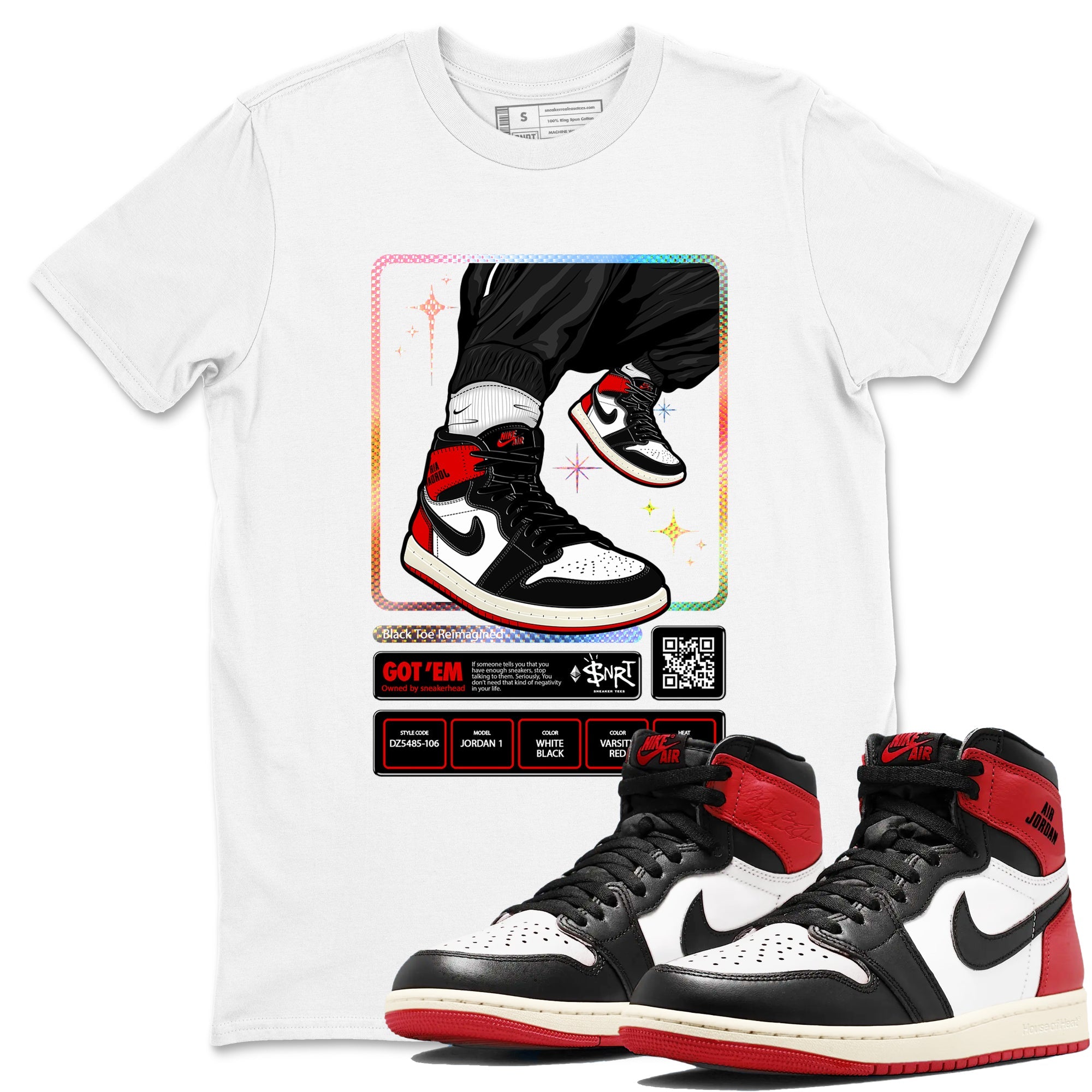 1s Black Toe Reimagined shirts to match jordans Sneaker Trading Card sneaker match tees Air Jordan 1 Black Toe Reimagined Drip Gear Zone streetwear brand White 1 unisex cotton tee