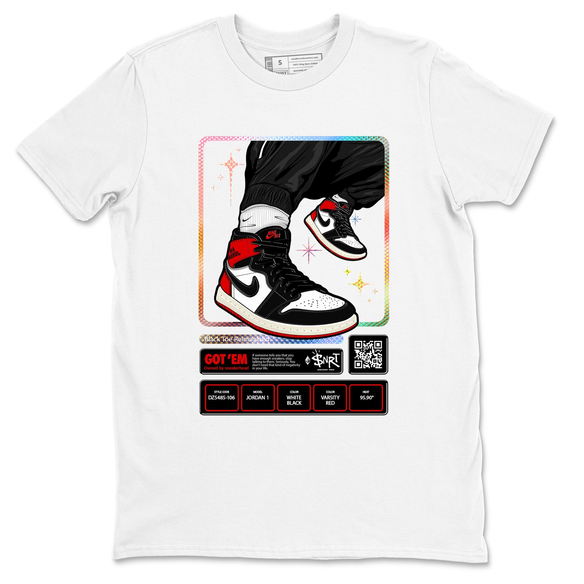 1s Black Toe Reimagined shirts to match jordans Sneaker Trading Card sneaker match tees Air Jordan 1 Black Toe Reimagined Drip Gear Zone streetwear brand White 2 unisex cotton tee