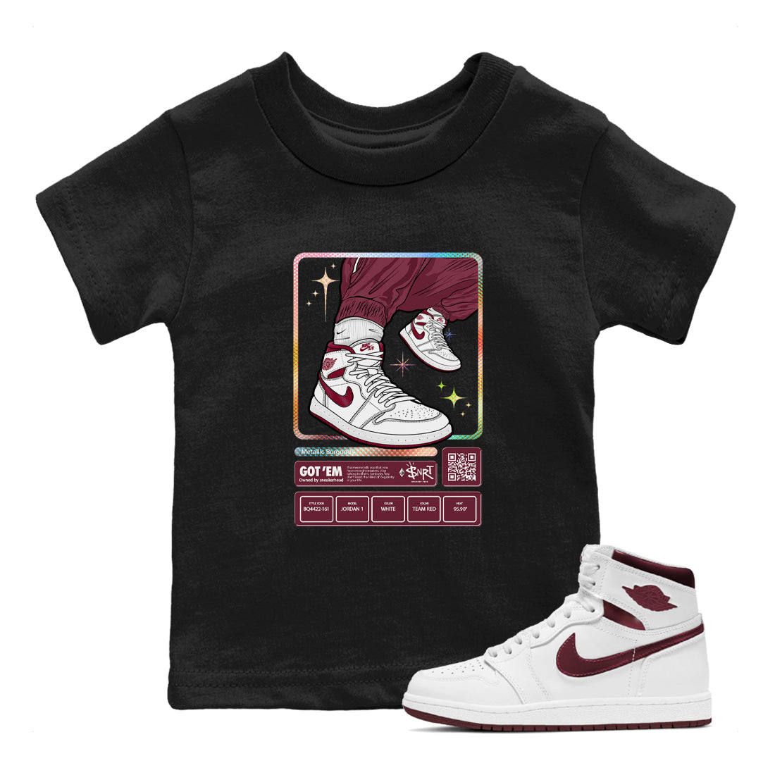 Jordan 1 Retro High '85 OG Metallic Burgundy shirts to match jordans Sneaker Trading Card sneaker match tees Air Jordan 1 Metallic Burgundy Drip Gear Zone streetwear brand Baby and Youth Black 1 cotton tee