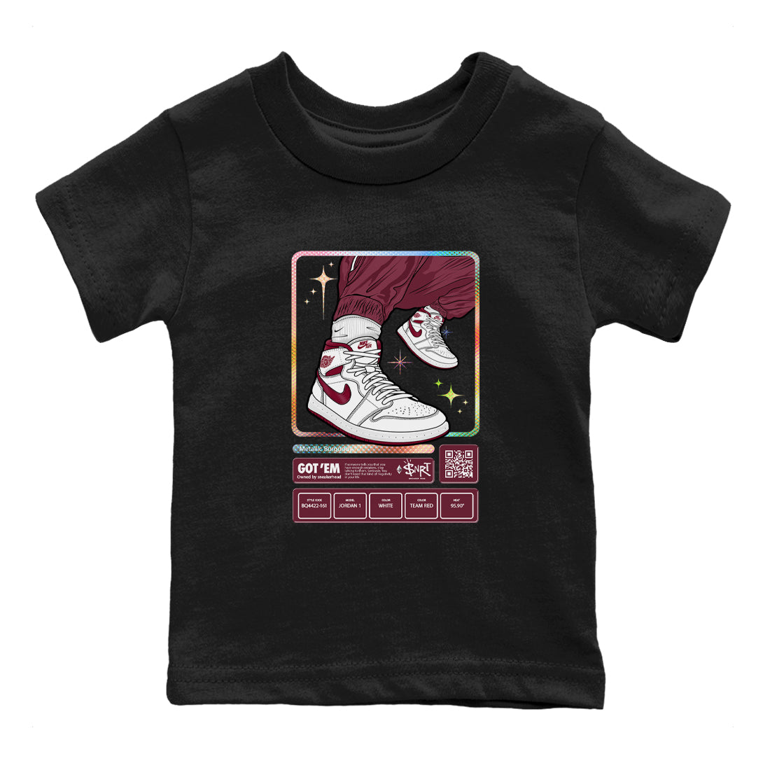 Jordan 1 Retro High '85 OG Metallic Burgundy shirts to match jordans Sneaker Trading Card sneaker match tees Air Jordan 1 Metallic Burgundy Drip Gear Zone streetwear brand Baby and Youth Black 2 cotton tee