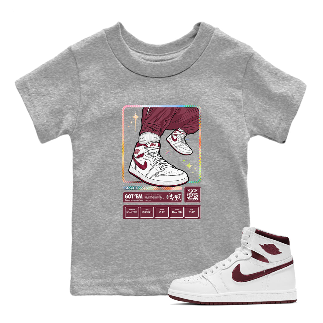 Jordan 1 Retro High '85 OG Metallic Burgundy shirts to match jordans Sneaker Trading Card sneaker match tees Air Jordan 1 Metallic Burgundy Drip Gear Zone streetwear brand Baby and Youth Heather Grey 1 cotton tee