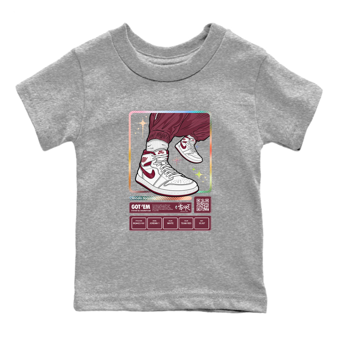 Jordan 1 Retro High '85 OG Metallic Burgundy shirts to match jordans Sneaker Trading Card sneaker match tees Air Jordan 1 Metallic Burgundy Drip Gear Zone streetwear brand Baby and Youth Heather Grey 2 cotton tee