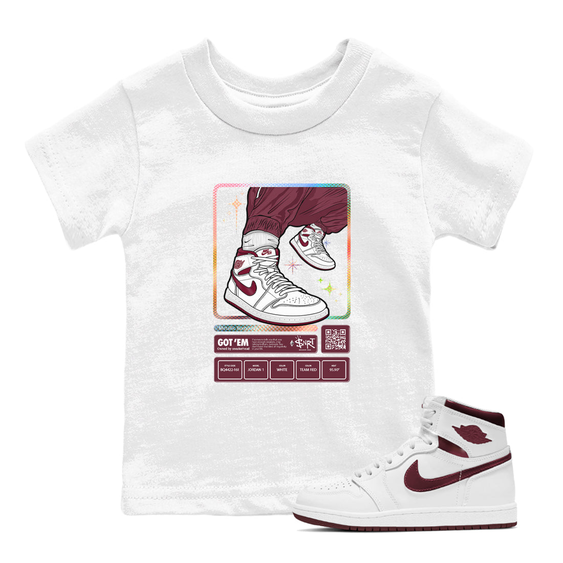 Jordan 1 Retro High '85 OG Metallic Burgundy shirts to match jordans Sneaker Trading Card sneaker match tees Air Jordan 1 Metallic Burgundy Drip Gear Zone streetwear brand Baby and Youth White 1 cotton tee