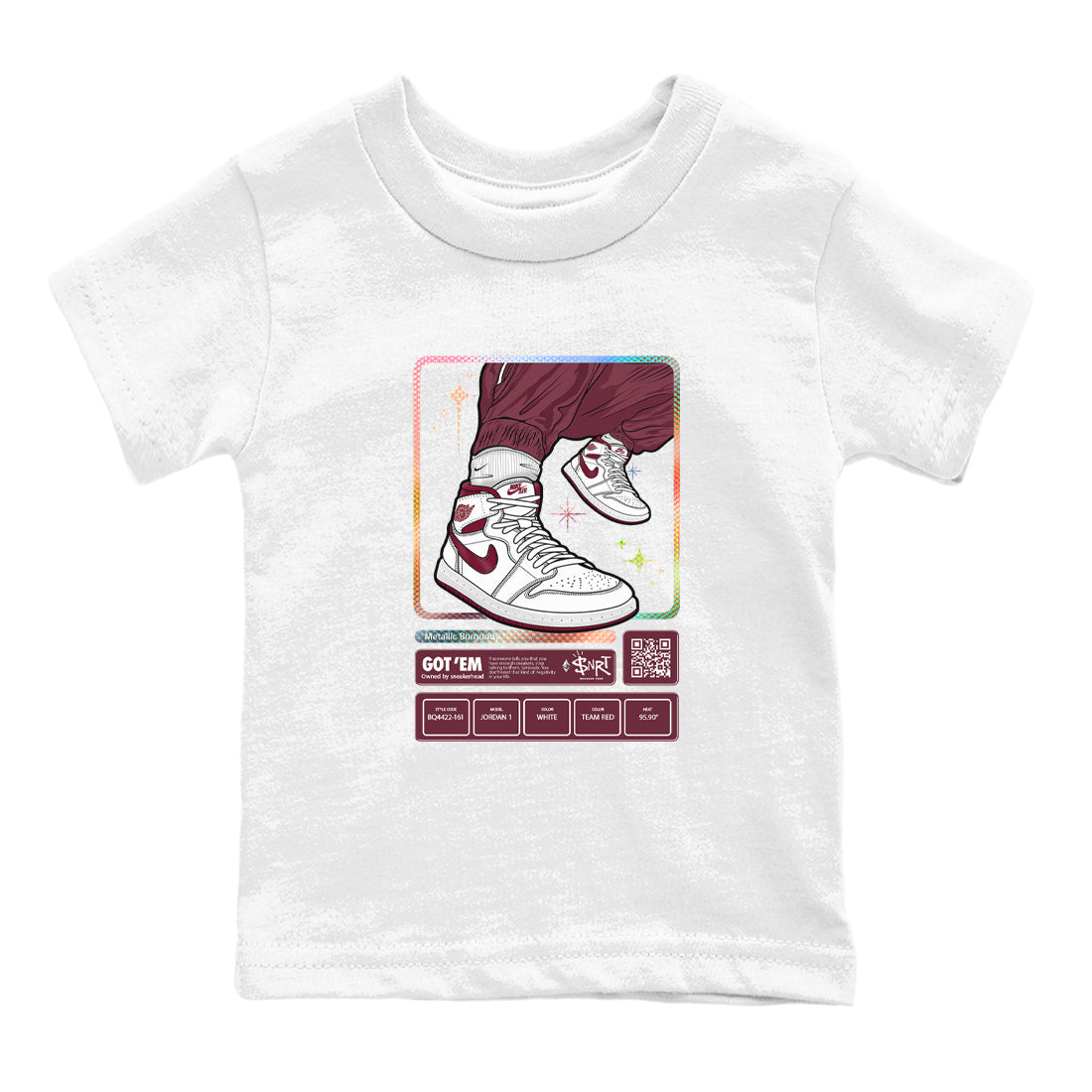 Jordan 1 Retro High '85 OG Metallic Burgundy shirts to match jordans Sneaker Trading Card sneaker match tees Air Jordan 1 Metallic Burgundy Drip Gear Zone streetwear brand Baby and Youth White 2 cotton tee