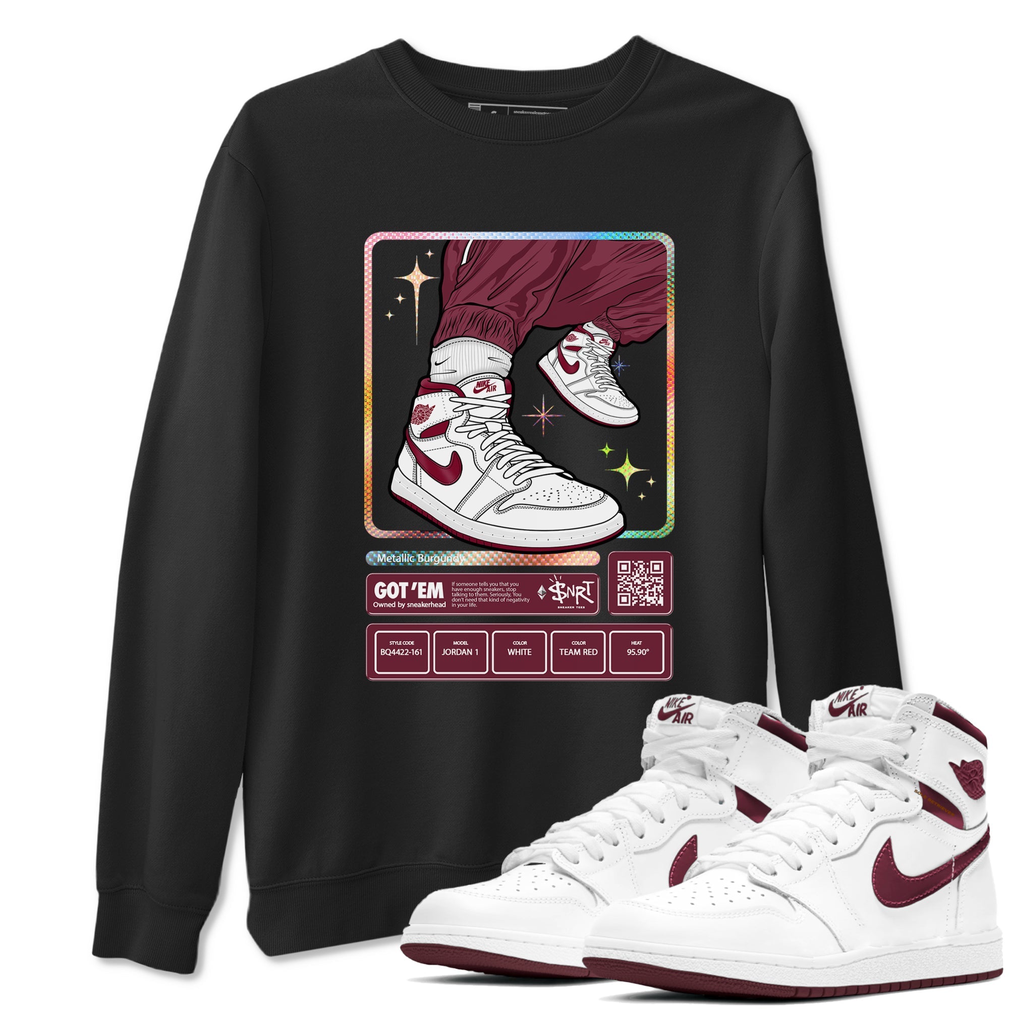 Jordan 1 Retro High '85 OG Metallic Burgundy shirts to match jordans Sneaker Trading Card sneaker match tees Air Jordan 1 Metallic Burgundy Drip Gear Zone streetwear brand Black 1 unisex cotton tee