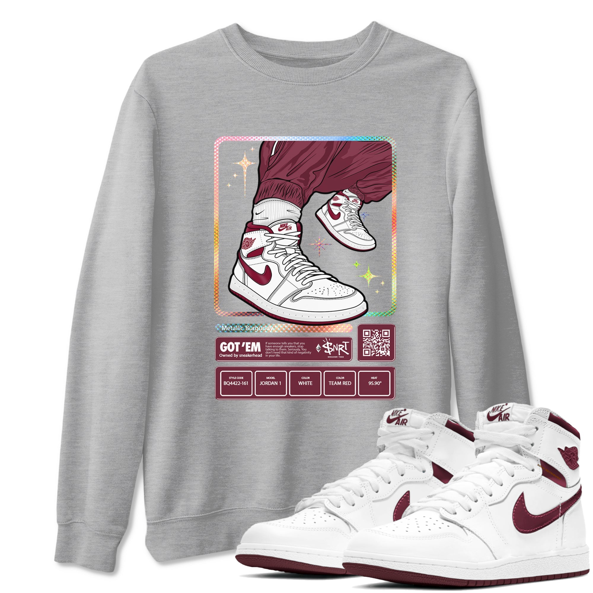 Jordan 1 Retro High '85 OG Metallic Burgundy shirts to match jordans Sneaker Trading Card sneaker match tees Air Jordan 1 Metallic Burgundy Drip Gear Zone streetwear brand Heather Grey 1 unisex cotton tee