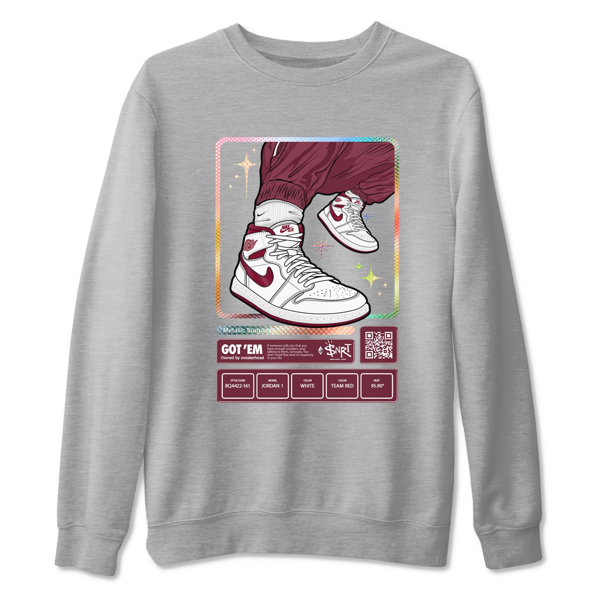 Jordan 1 Retro High '85 OG Metallic Burgundy shirts to match jordans Sneaker Trading Card sneaker match tees Air Jordan 1 Metallic Burgundy Drip Gear Zone streetwear brand Heather Grey 2 unisex cotton tee