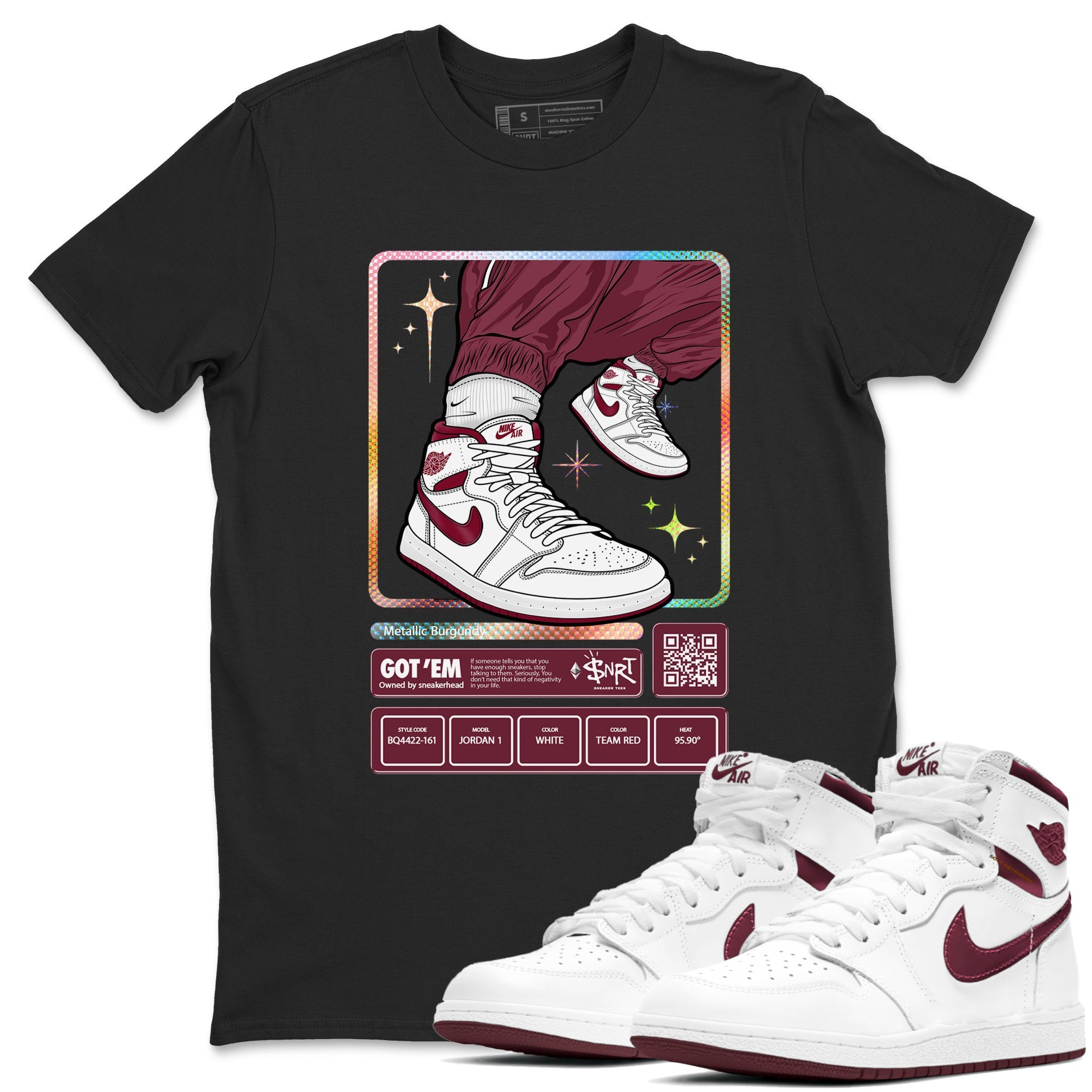 Jordan 1 Retro High '85 OG Metallic Burgundy shirts to match jordans Sneaker Trading Card sneaker match tees Air Jordan 1 Metallic Burgundy Drip Gear Zone streetwear brand Black 1 unisex cotton tee