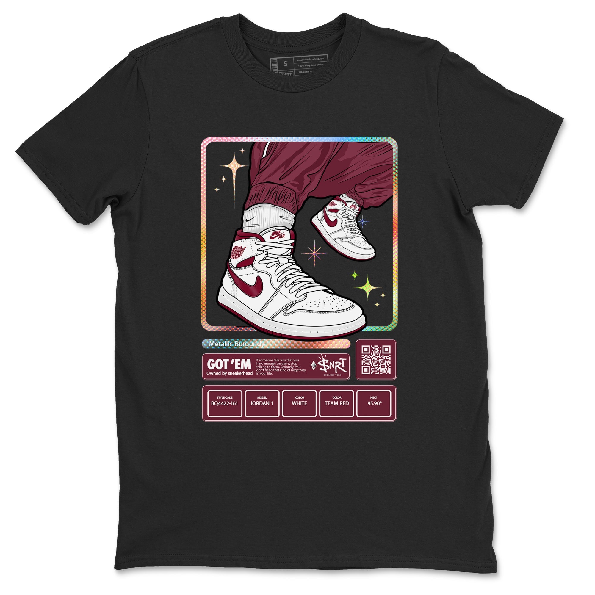 Jordan 1 Retro High '85 OG Metallic Burgundy shirts to match jordans Sneaker Trading Card sneaker match tees Air Jordan 1 Metallic Burgundy Drip Gear Zone streetwear brand Black 2 unisex cotton tee