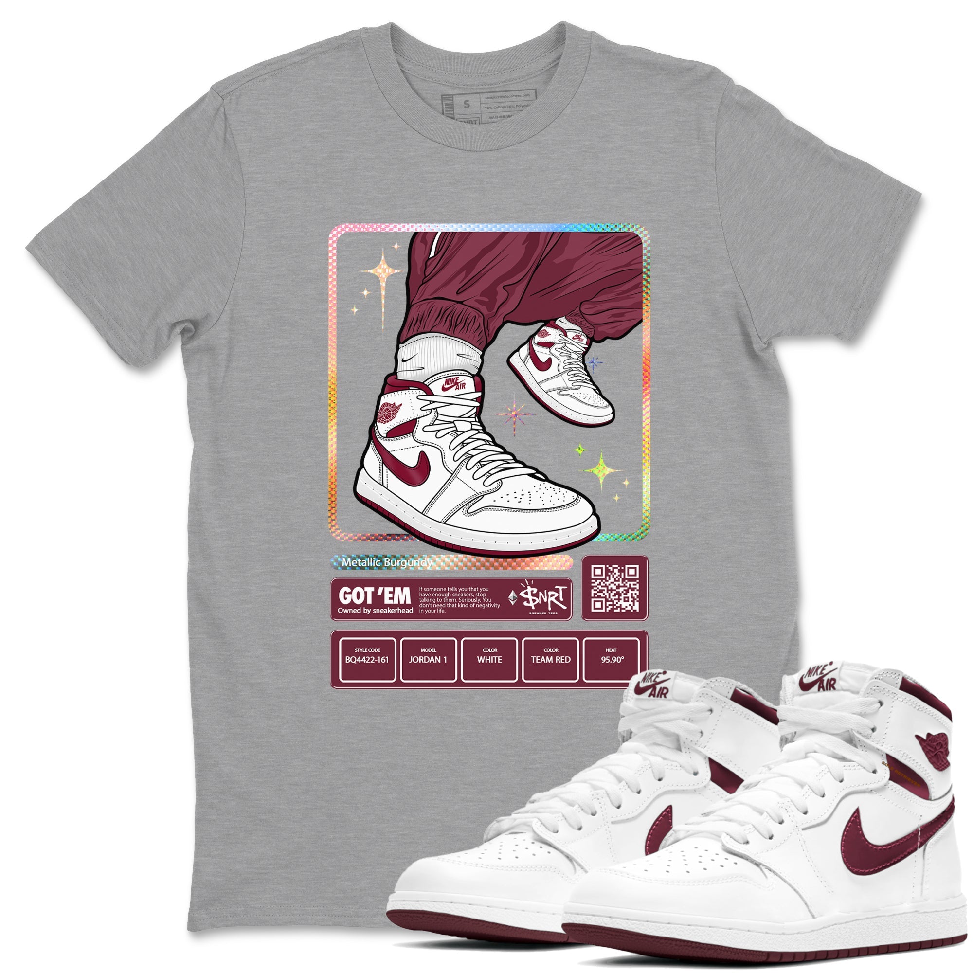 Jordan 1 Retro High '85 OG Metallic Burgundy shirts to match jordans Sneaker Trading Card sneaker match tees Air Jordan 1 Metallic Burgundy Drip Gear Zone streetwear brand Heather Grey 1 unisex cotton tee