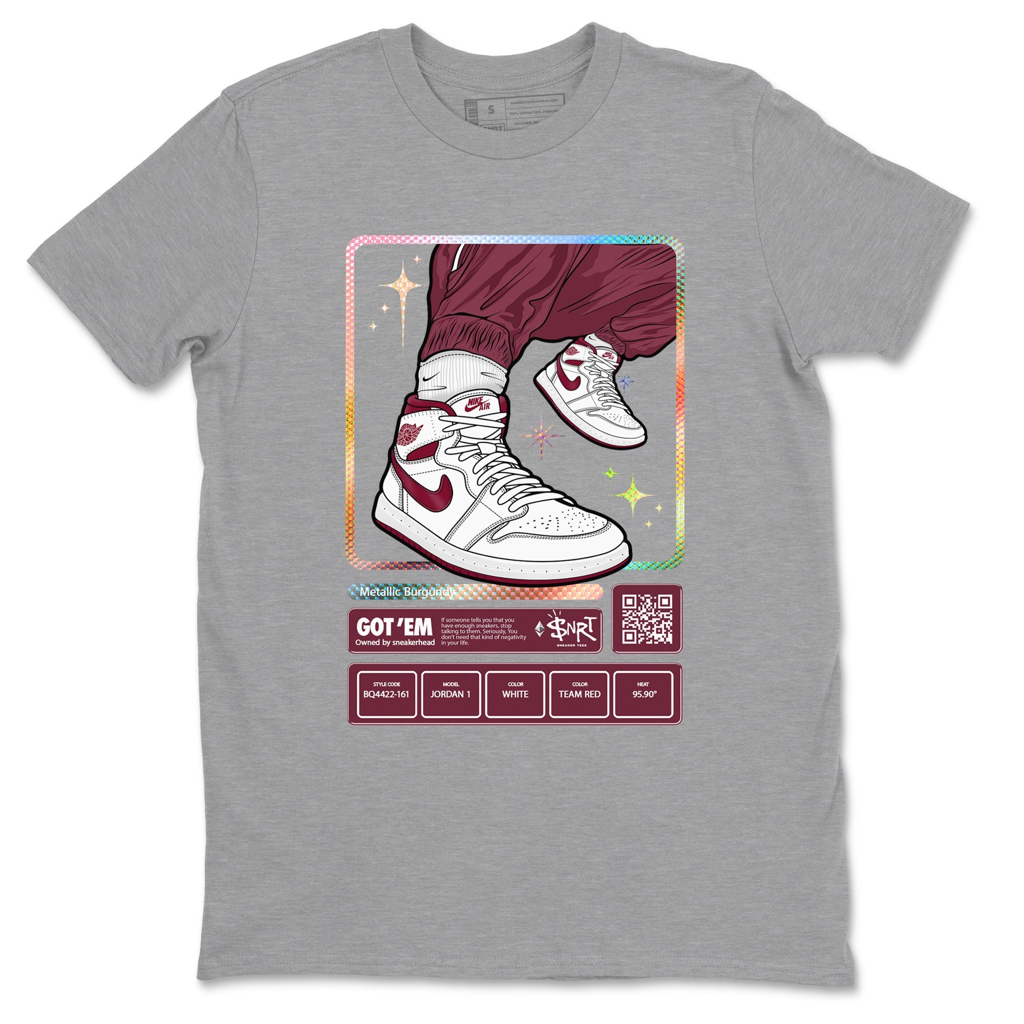 Jordan 1 Retro High '85 OG Metallic Burgundy shirts to match jordans Sneaker Trading Card sneaker match tees Air Jordan 1 Metallic Burgundy Drip Gear Zone streetwear brand Heather Grey 2 unisex cotton tee