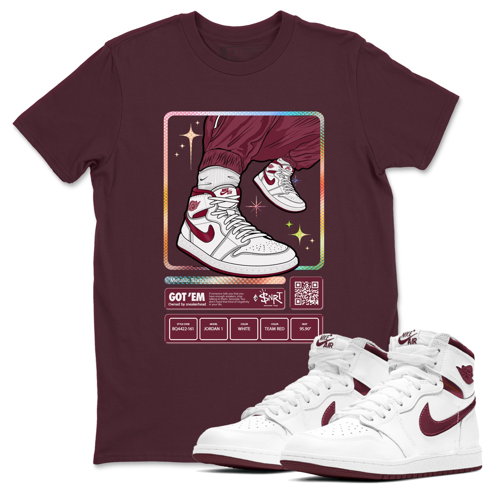 Jordan 1 Retro High '85 OG Metallic Burgundy shirts to match jordans Sneaker Trading Card sneaker match tees Air Jordan 1 Metallic Burgundy Drip Gear Zone streetwear brand Maroon 1 unisex cotton tee