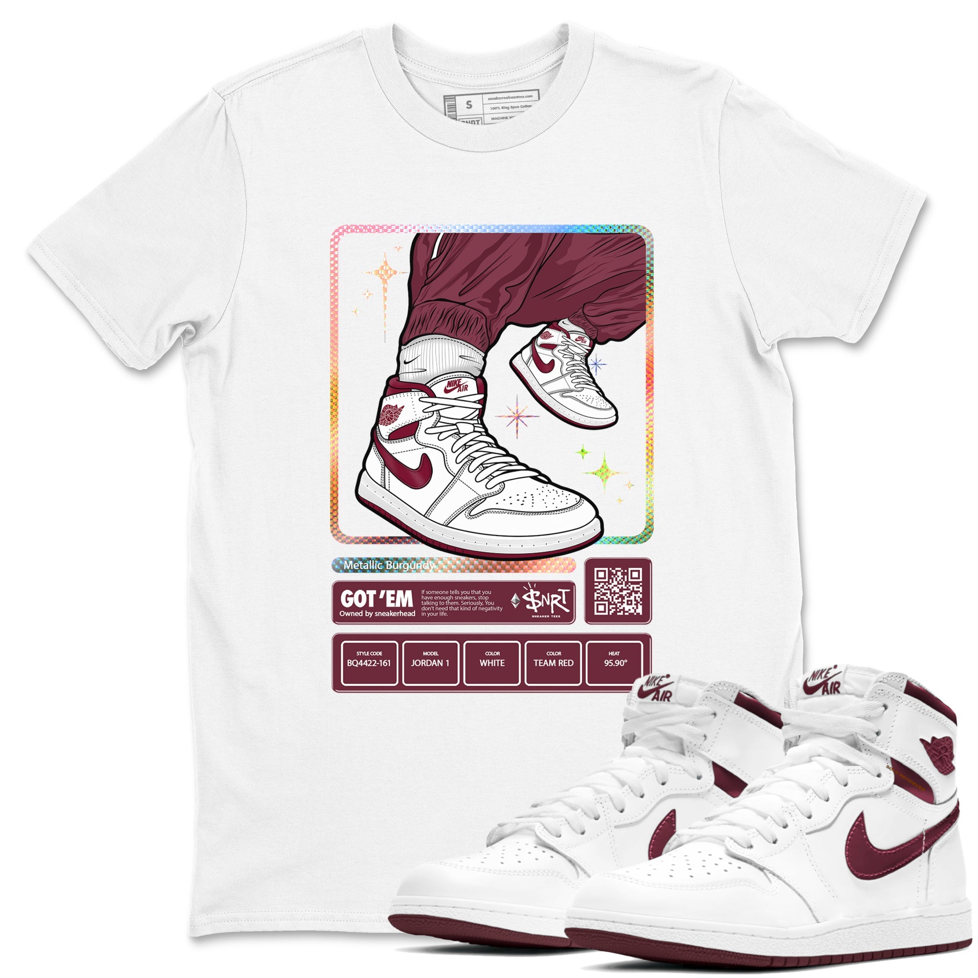 Jordan 1 Retro High '85 OG Metallic Burgundy shirts to match jordans Sneaker Trading Card sneaker match tees Air Jordan 1 Metallic Burgundy Drip Gear Zone streetwear brand White 1 unisex cotton tee