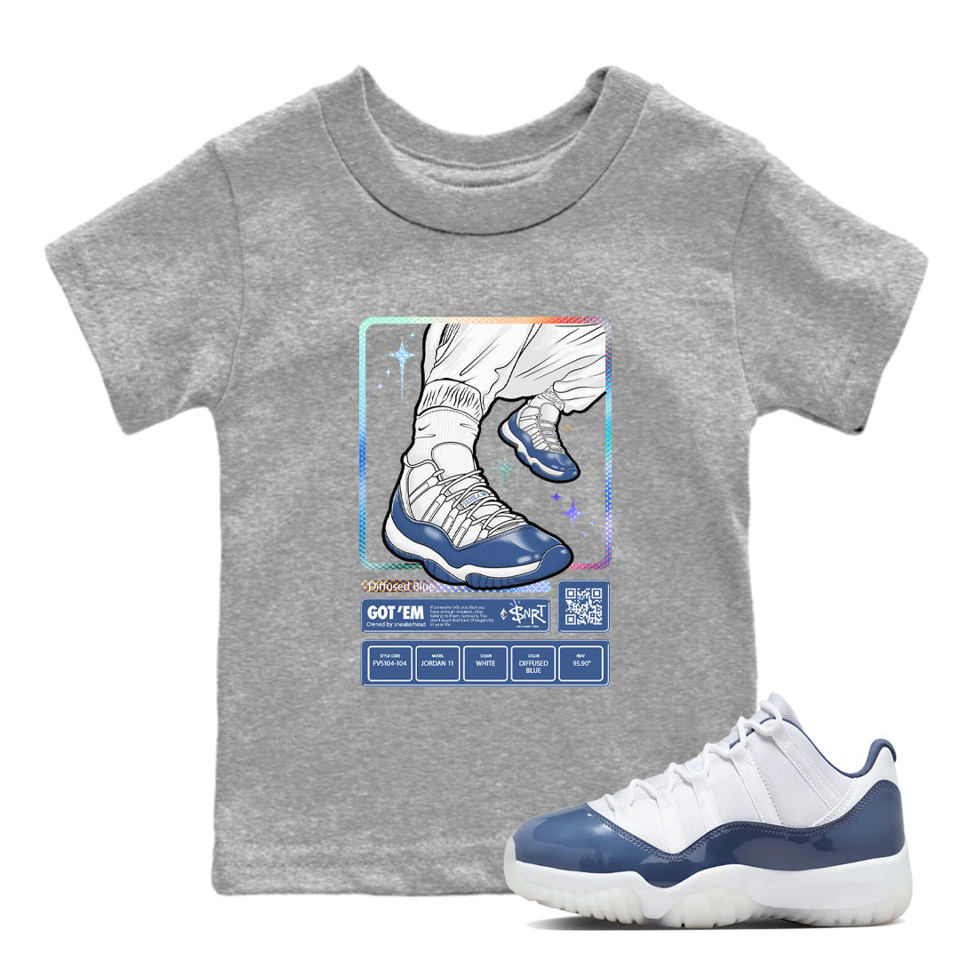 11s Diffused Blue shirts to match jordans Sneaker Trading Card sneaker match tees Air Jordan 11 Diffused Blue Drip Gear Zone Youth Baby Heather Grey 1 crew neck shirts