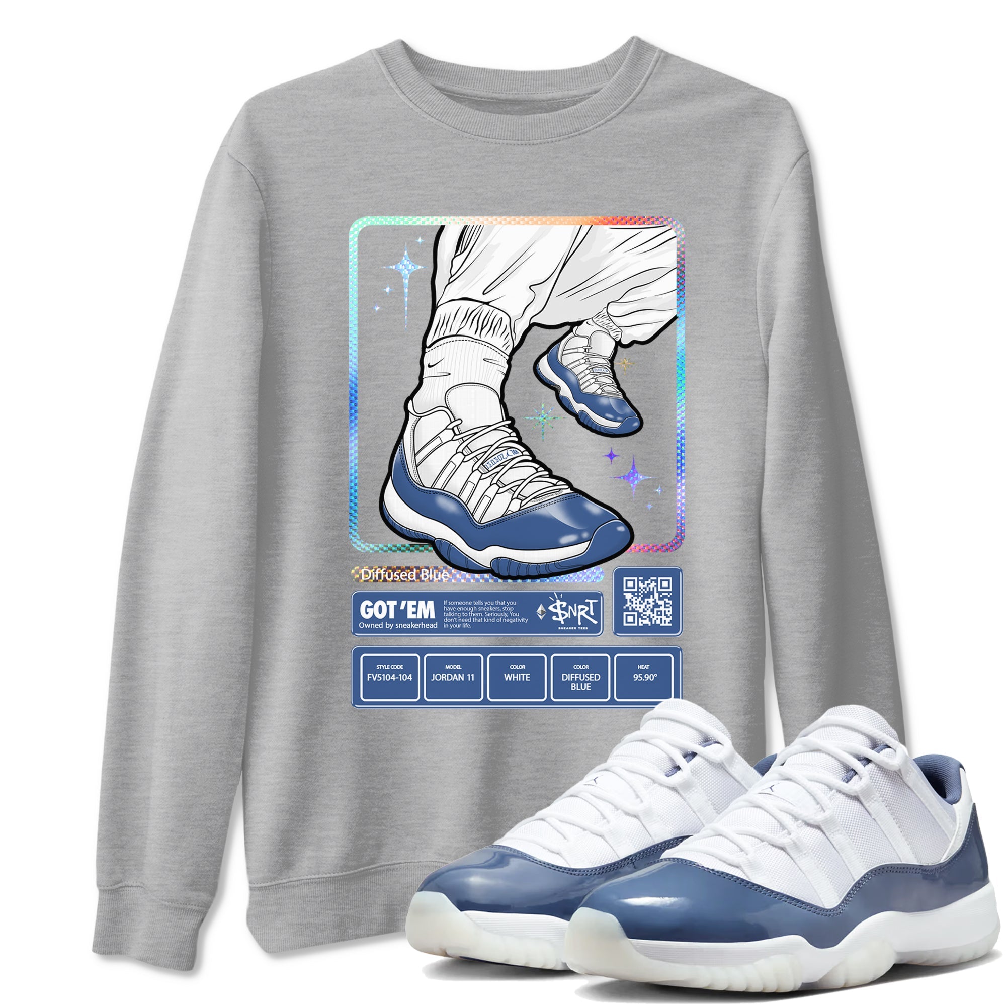 11s Diffused Blue shirts to match jordans Sneaker Trading Card sneaker match tees Air Jordan 11 Diffused Blue Drip Gear Zone unisex cotton Heather Grey 1 crew neck shirts