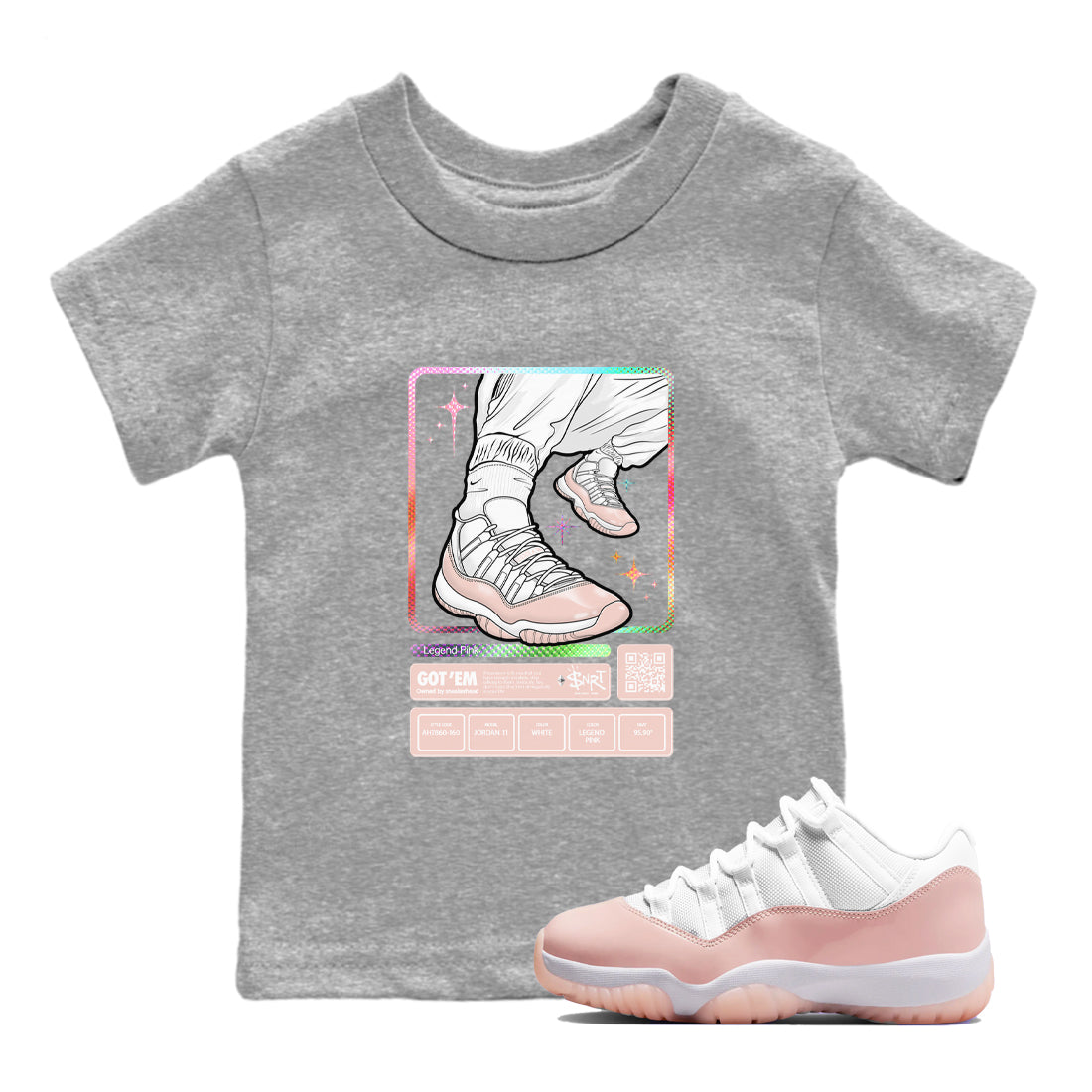 Air Jordan 11 Low Legend Pink shirts to match jordans Sneaker Trading Card sneaker match tees 11s Legend Pink Drip Gear Zone streetwear brand Baby and Youth Heather Grey 1 cotton tee