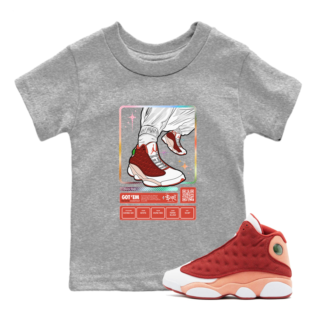13s Dune Red shirts to match jordans Sneaker Trading Card sneaker match tees Air Jordan 13 Dune Red Drip Gear Zone streetwear brand Baby and Youth Heather Grey 1 cotton tee