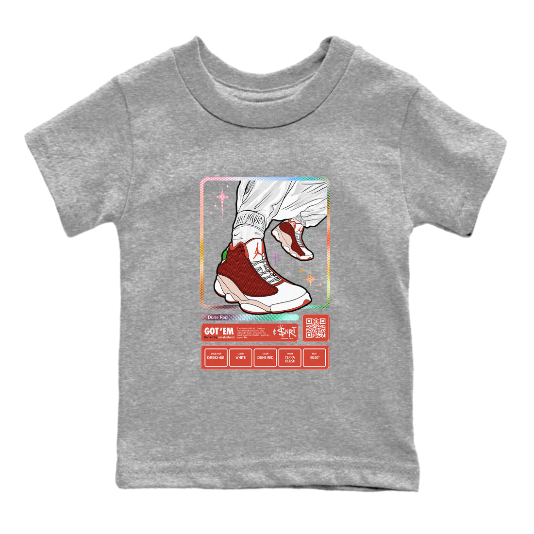 13s Dune Red shirts to match jordans Sneaker Trading Card sneaker match tees Air Jordan 13 Dune Red Drip Gear Zone streetwear brand Baby and Youth Heather Grey 2 cotton tee
