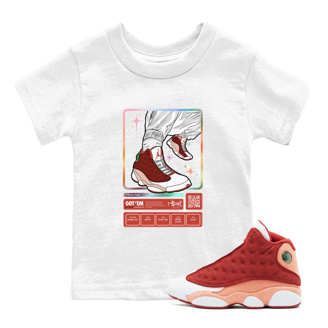 13s Dune Red shirts to match jordans Sneaker Trading Card sneaker match tees Air Jordan 13 Dune Red Drip Gear Zone streetwear brand Baby and Youth White 1 cotton tee