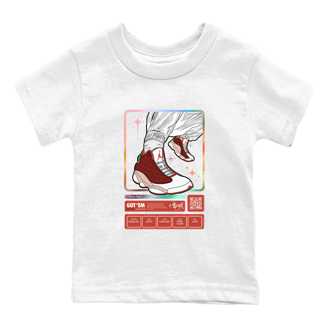 13s Dune Red shirts to match jordans Sneaker Trading Card sneaker match tees Air Jordan 13 Dune Red Drip Gear Zone streetwear brand Baby and Youth White 2 cotton tee