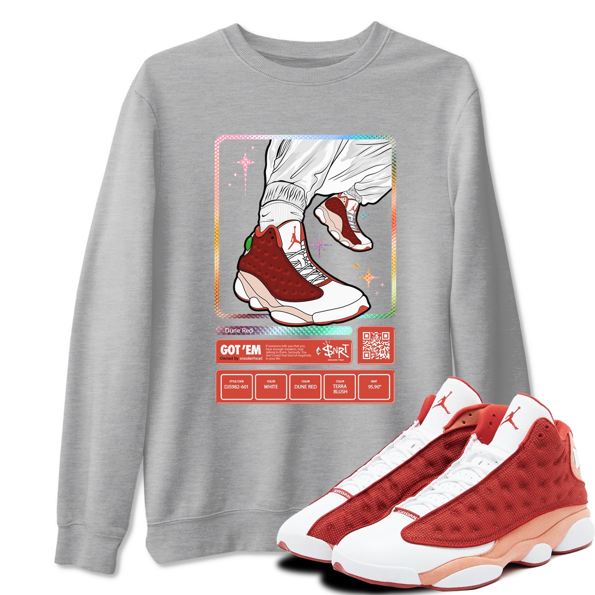 13s Dune Red shirts to match jordans Sneaker Trading Card sneaker match tees Air Jordan 13 Dune Red Drip Gear Zone streetwear brand Heather Grey 1 unisex cotton tee