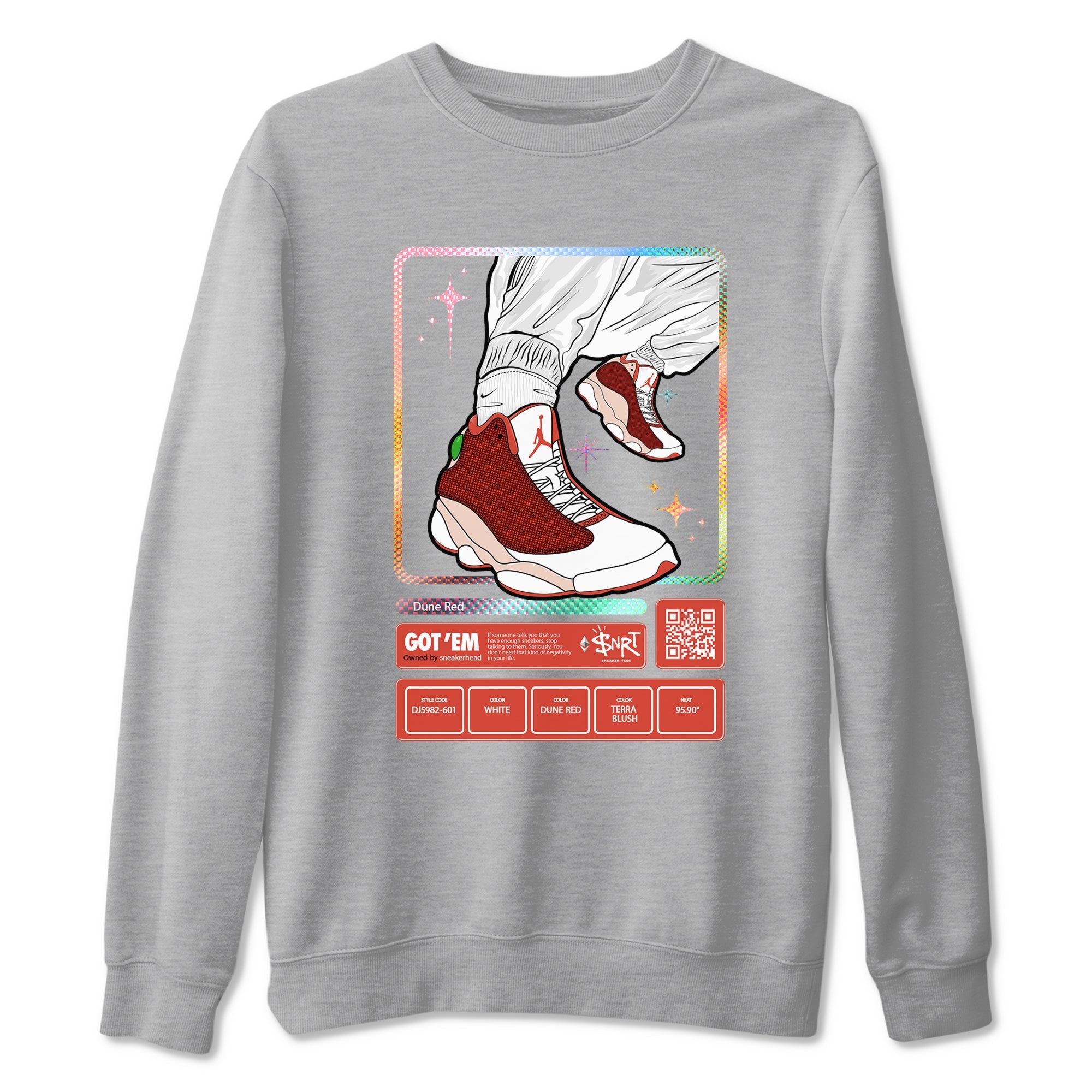 13s Dune Red shirts to match jordans Sneaker Trading Card sneaker match tees Air Jordan 13 Dune Red Drip Gear Zone streetwear brand Heather Grey 2 unisex cotton tee
