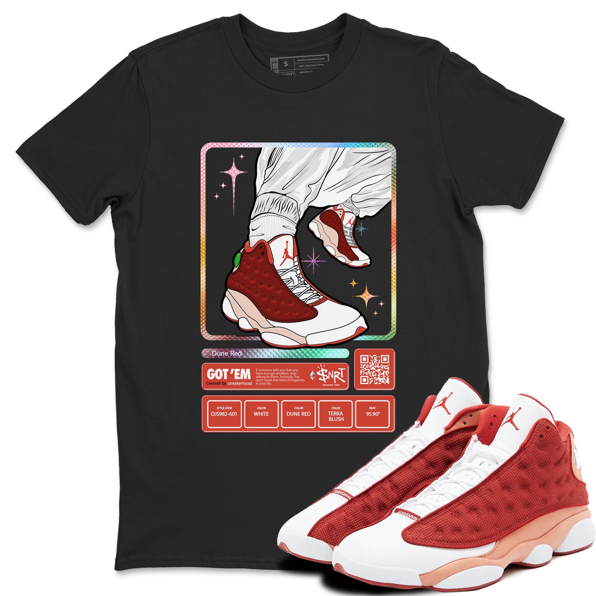 13s Dune Red shirts to match jordans Sneaker Trading Card sneaker match tees Air Jordan 13 Dune Red Drip Gear Zone streetwear brand Black 1 unisex cotton tee