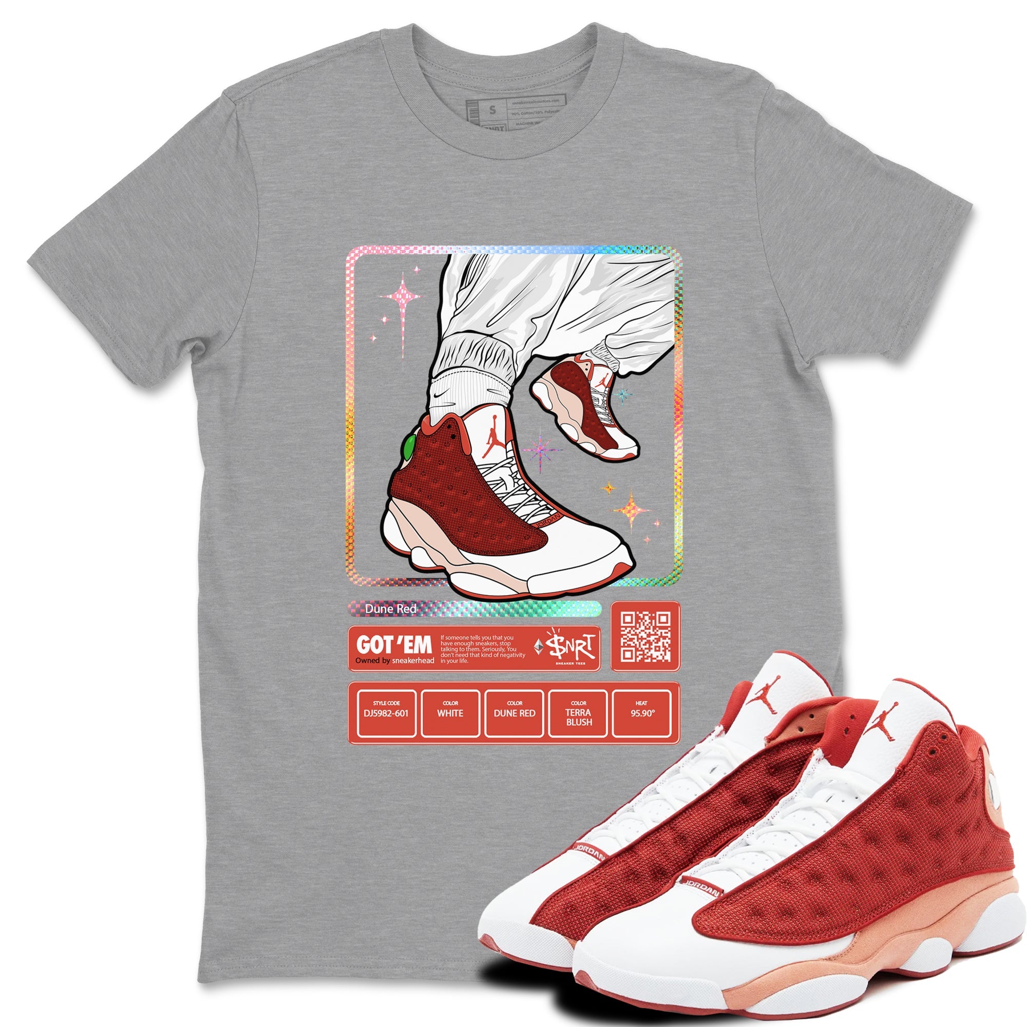 13s Dune Red shirts to match jordans Sneaker Trading Card sneaker match tees Air Jordan 13 Dune Red Drip Gear Zone streetwear brand Heather Grey 1 unisex cotton tee