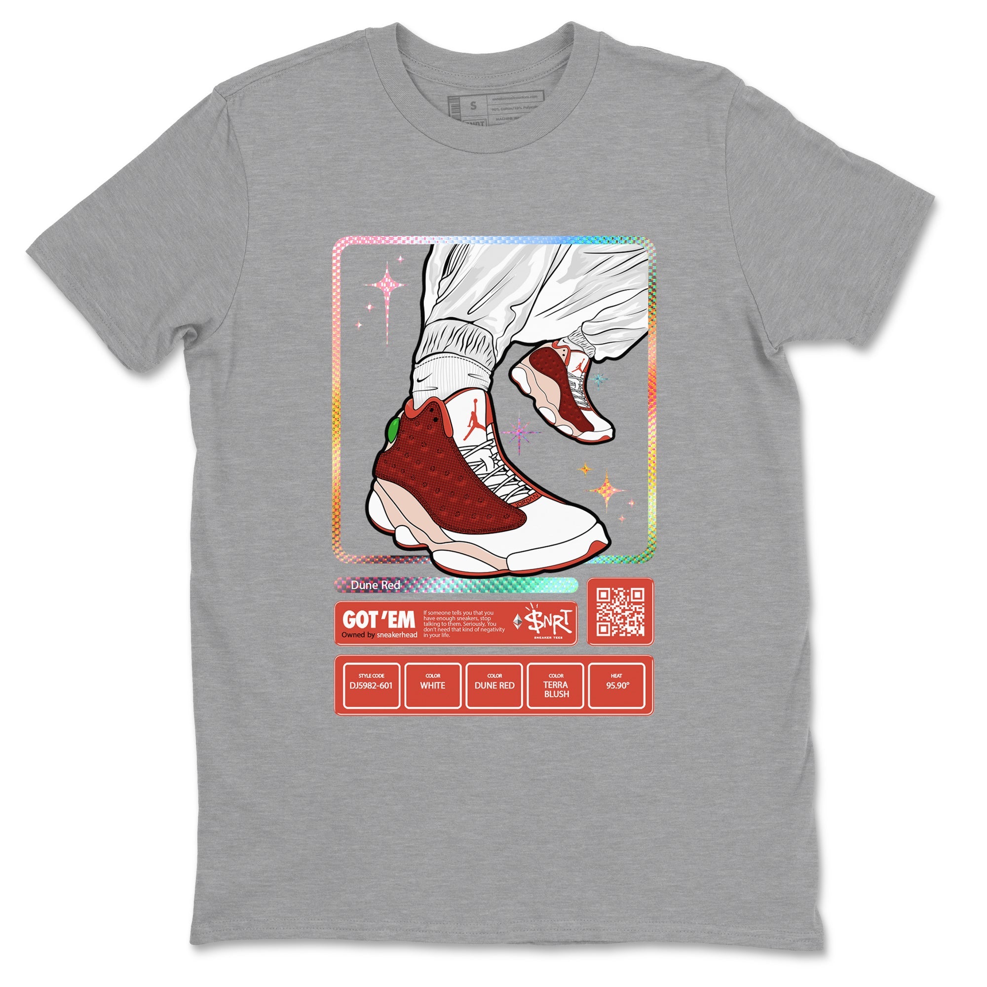 13s Dune Red shirts to match jordans Sneaker Trading Card sneaker match tees Air Jordan 13 Dune Red Drip Gear Zone streetwear brand Heather Grey 2 unisex cotton tee