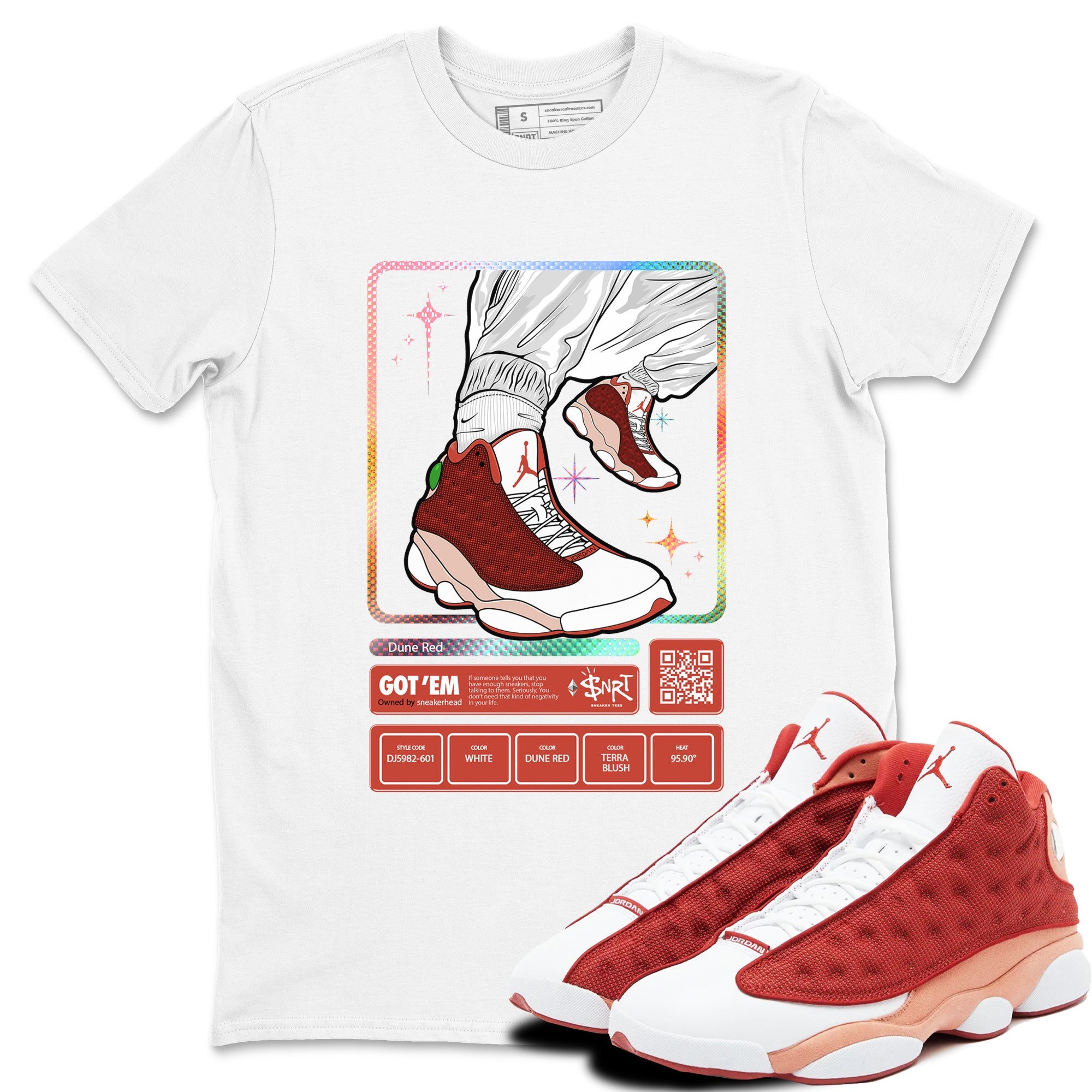 13s Dune Red shirts to match jordans Sneaker Trading Card sneaker match tees Air Jordan 13 Dune Red Drip Gear Zone streetwear brand White 1 unisex cotton tee