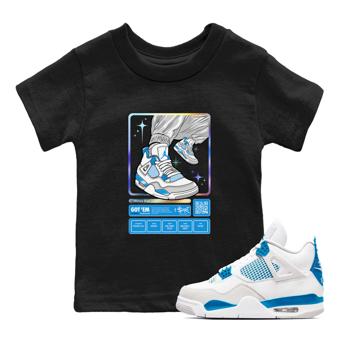 AJ4 Military Blue shirts to match jordans Sneaker Trading Card sneaker match tees Air Jordan 4 Military Blue Drip Gear Zone streetwear brand Baby and Youth Black 1 cotton tee