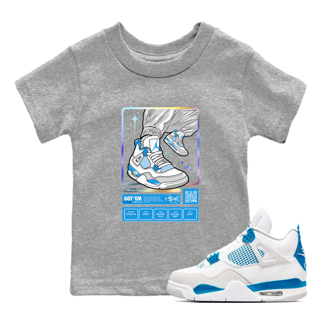 AJ4 Military Blue shirts to match jordans Sneaker Trading Card sneaker match tees Air Jordan 4 Military Blue Drip Gear Zone streetwear brand Baby and Youth Heather Grey 1 cotton tee