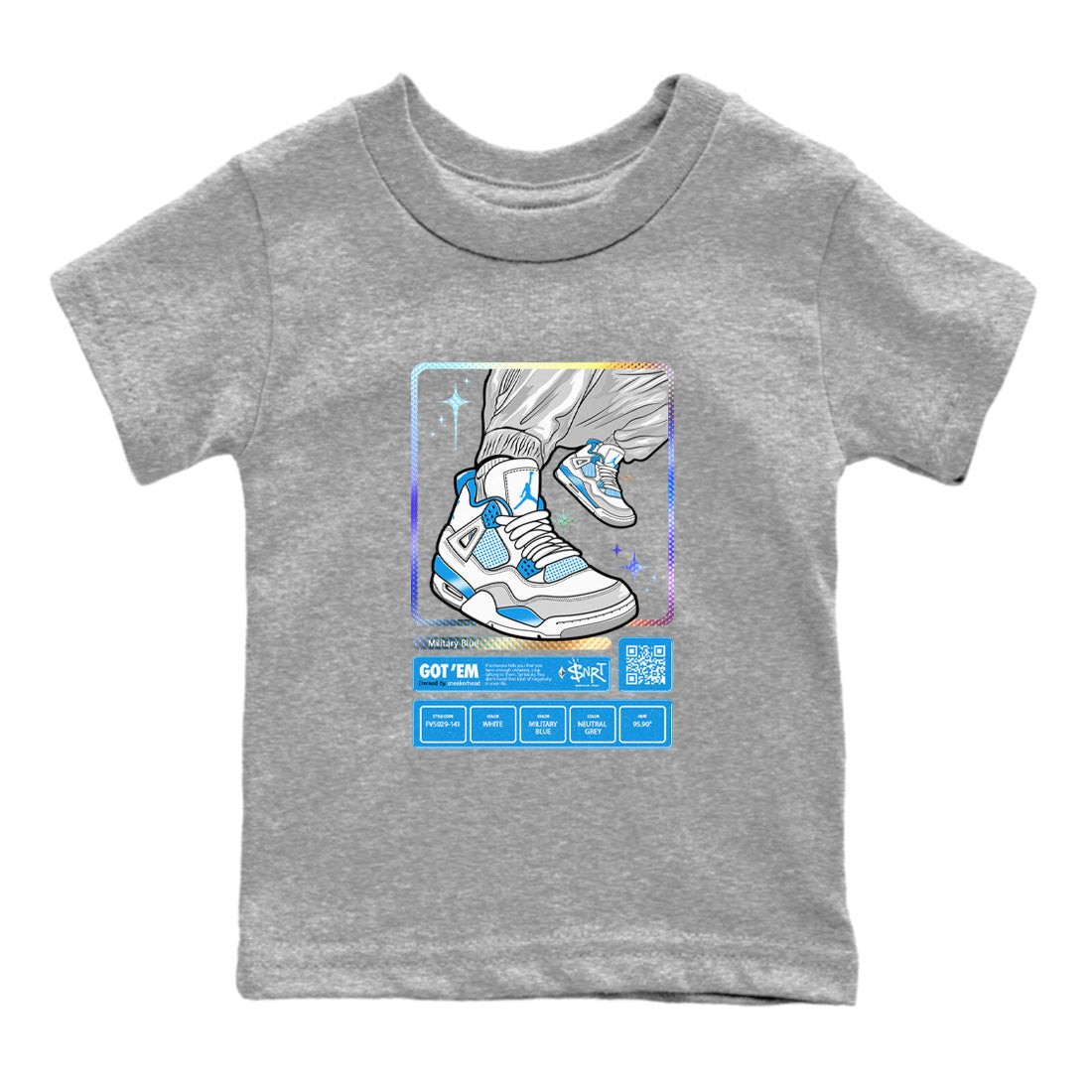 AJ4 Military Blue shirts to match jordans Sneaker Trading Card sneaker match tees Air Jordan 4 Military Blue Drip Gear Zone streetwear brand Baby and Youth Heather Grey 2 cotton tee