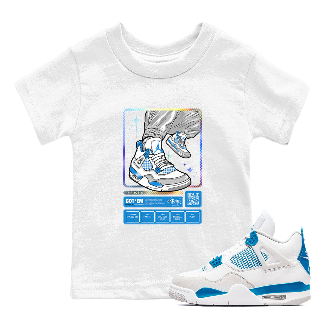 AJ4 Military Blue shirts to match jordans Sneaker Trading Card sneaker match tees Air Jordan 4 Military Blue Drip Gear Zone streetwear brand Baby and Youth White 1 cotton tee