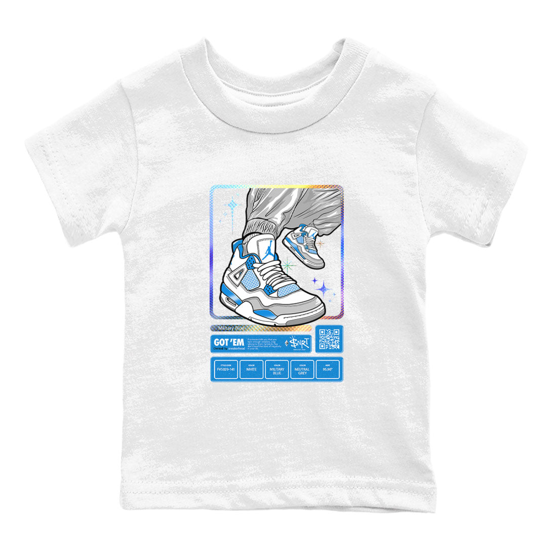 AJ4 Military Blue shirts to match jordans Sneaker Trading Card sneaker match tees Air Jordan 4 Military Blue Drip Gear Zone streetwear brand Baby and Youth White 2 cotton tee