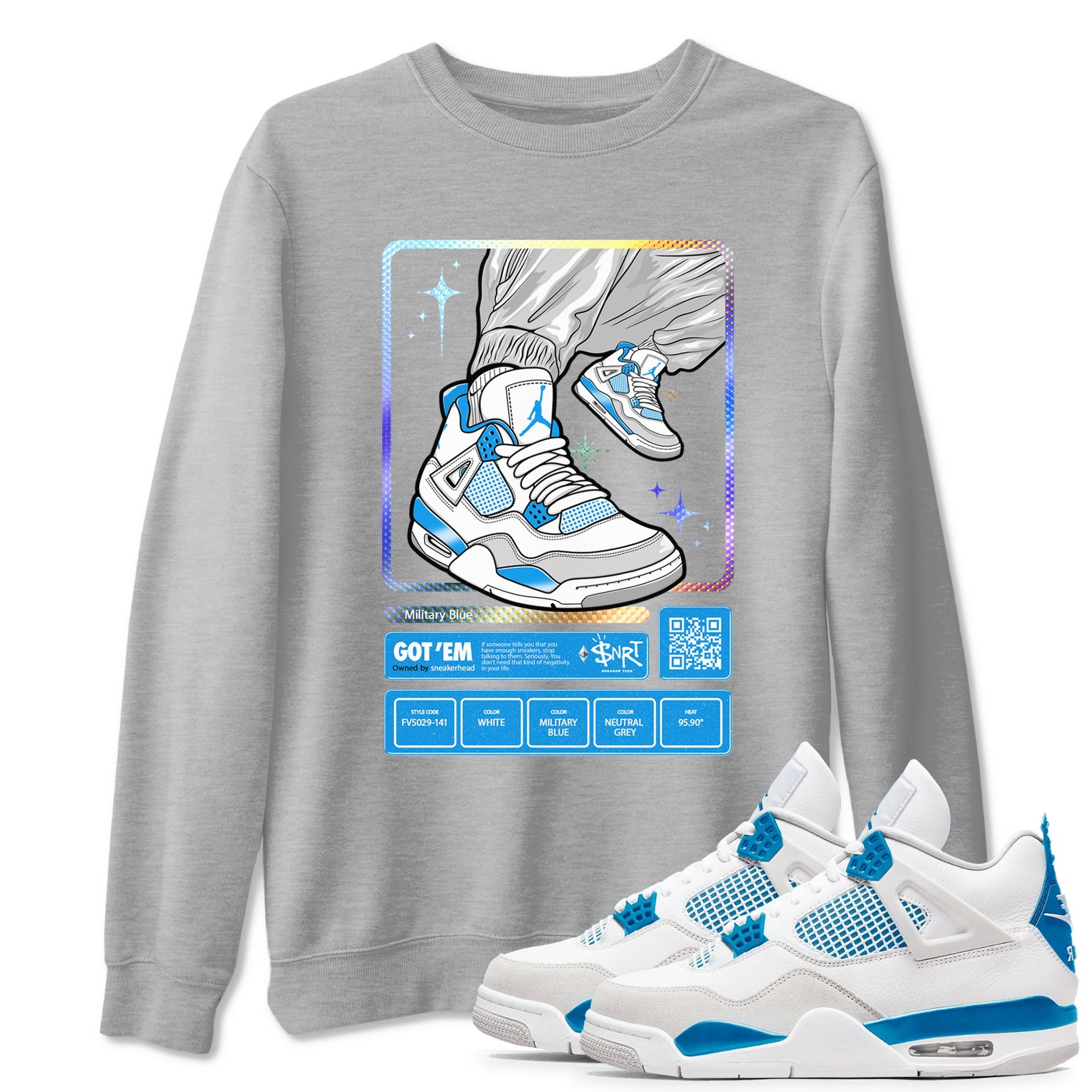 AJ4 Military Blue shirts to match jordans Sneaker Trading Card sneaker match tees Air Jordan 4 Military Blue Drip Gear Zone streetwear brand Heather Grey 1 unisex cotton tee