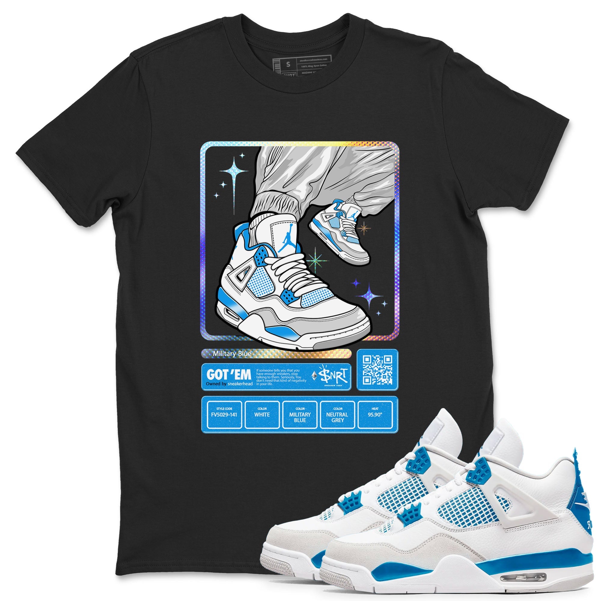 AJ4 Military Blue shirts to match jordans Sneaker Trading Card sneaker match tees Air Jordan 4 Military Blue Drip Gear Zone streetwear brand Black 1 unisex cotton tee