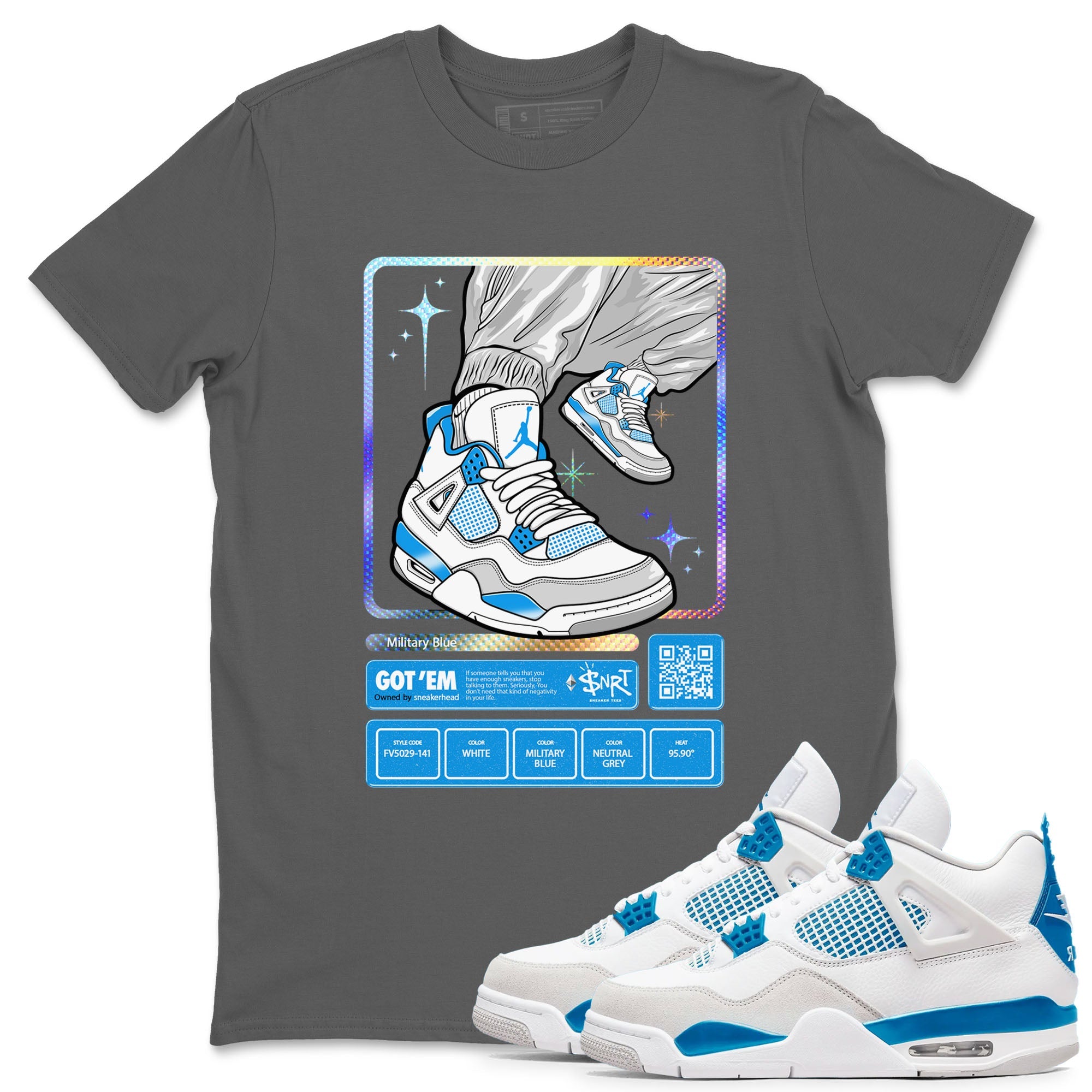 AJ4 Military Blue shirts to match jordans Sneaker Trading Card sneaker match tees Air Jordan 4 Military Blue Drip Gear Zone streetwear brand Cool Grey 1 unisex cotton tee