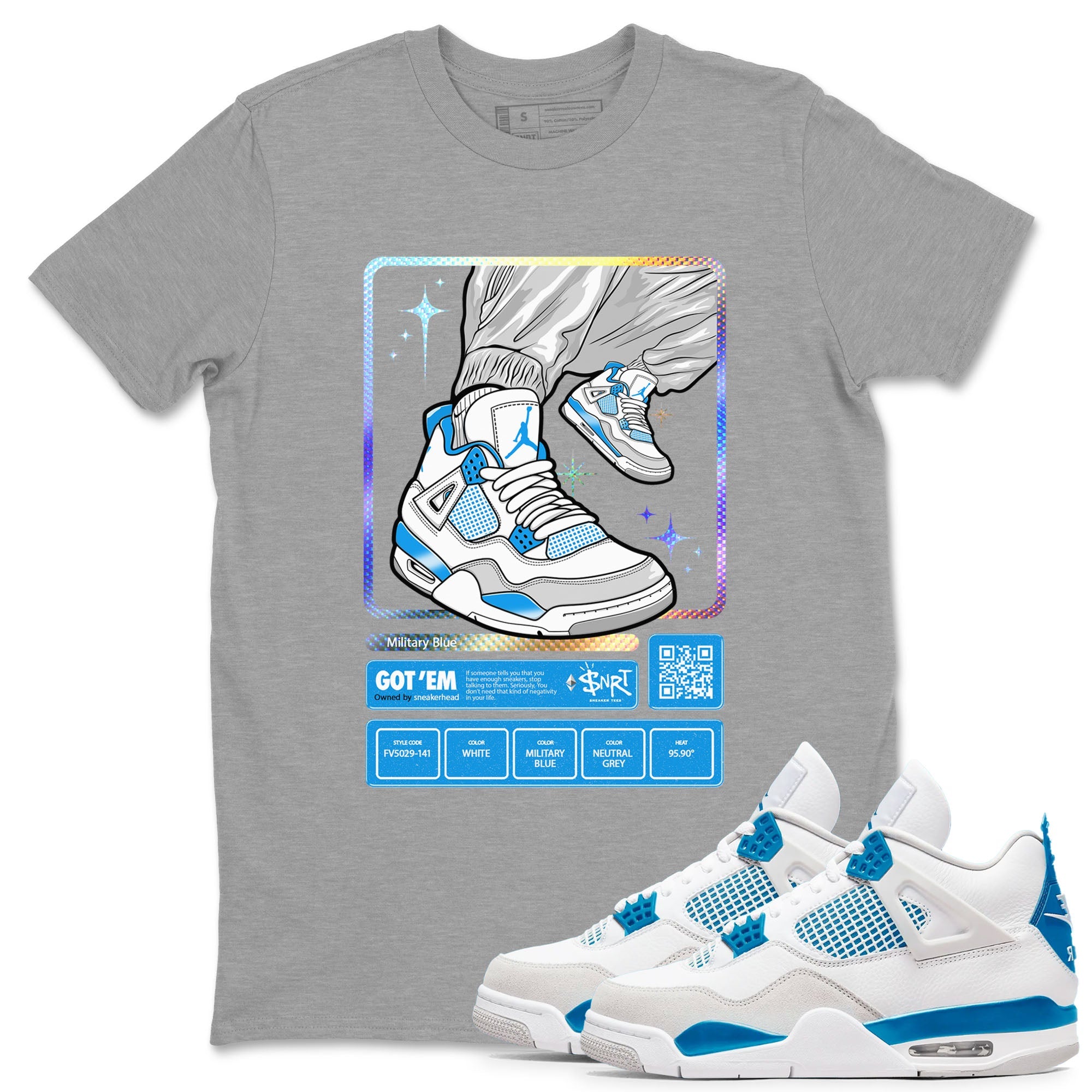AJ4 Military Blue shirts to match jordans Sneaker Trading Card sneaker match tees Air Jordan 4 Military Blue Drip Gear Zone streetwear brand Heather Grey 1 unisex cotton tee