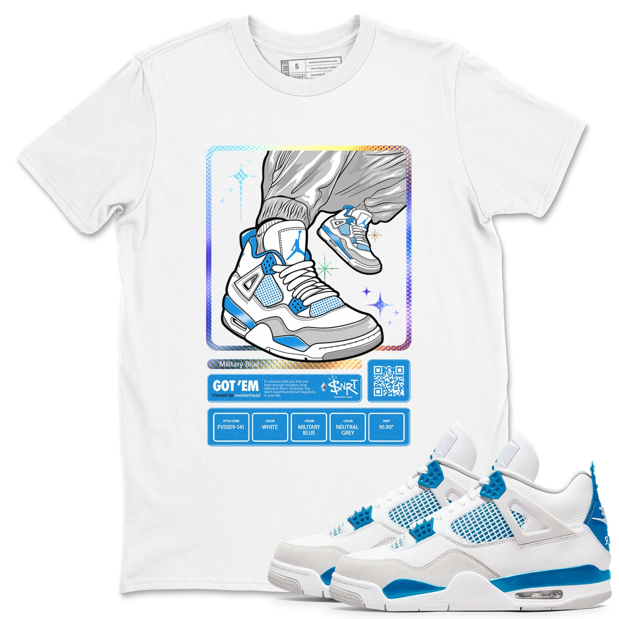 AJ4 Military Blue shirts to match jordans Sneaker Trading Card sneaker match tees Air Jordan 4 Military Blue Drip Gear Zone streetwear brand White 1 unisex cotton tee