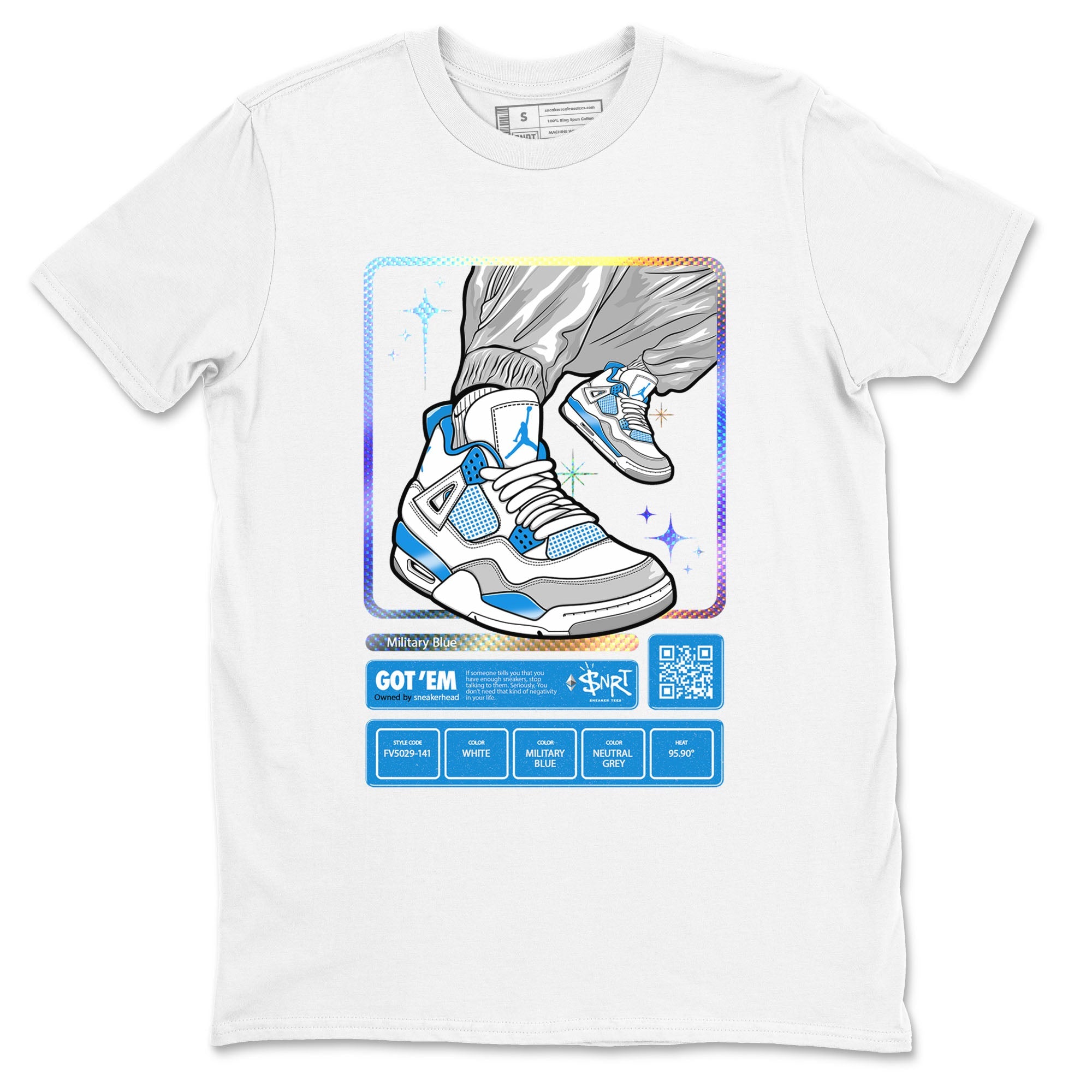 AJ4 Military Blue shirts to match jordans Sneaker Trading Card sneaker match tees Air Jordan 4 Military Blue Drip Gear Zone streetwear brand White 2 unisex cotton tee