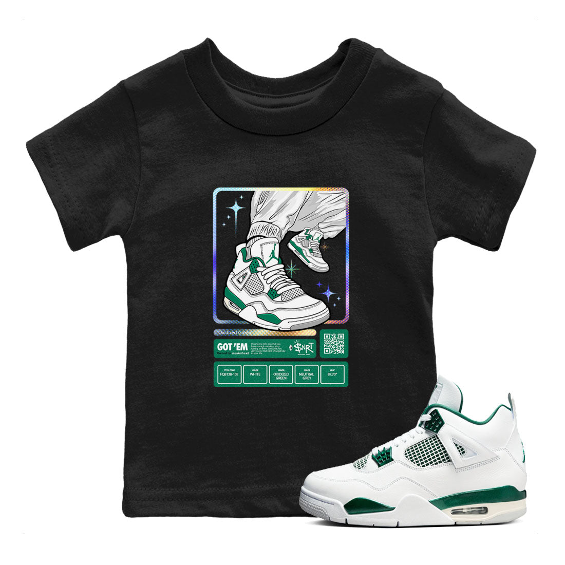 AJ4 Oxidized Green shirts to match jordans Sneaker Trading Card sneaker match tees Air Jordan 4 Oxidized Green Drip Gear Zone streetwear brand Baby and Youth Black 1 cotton tee