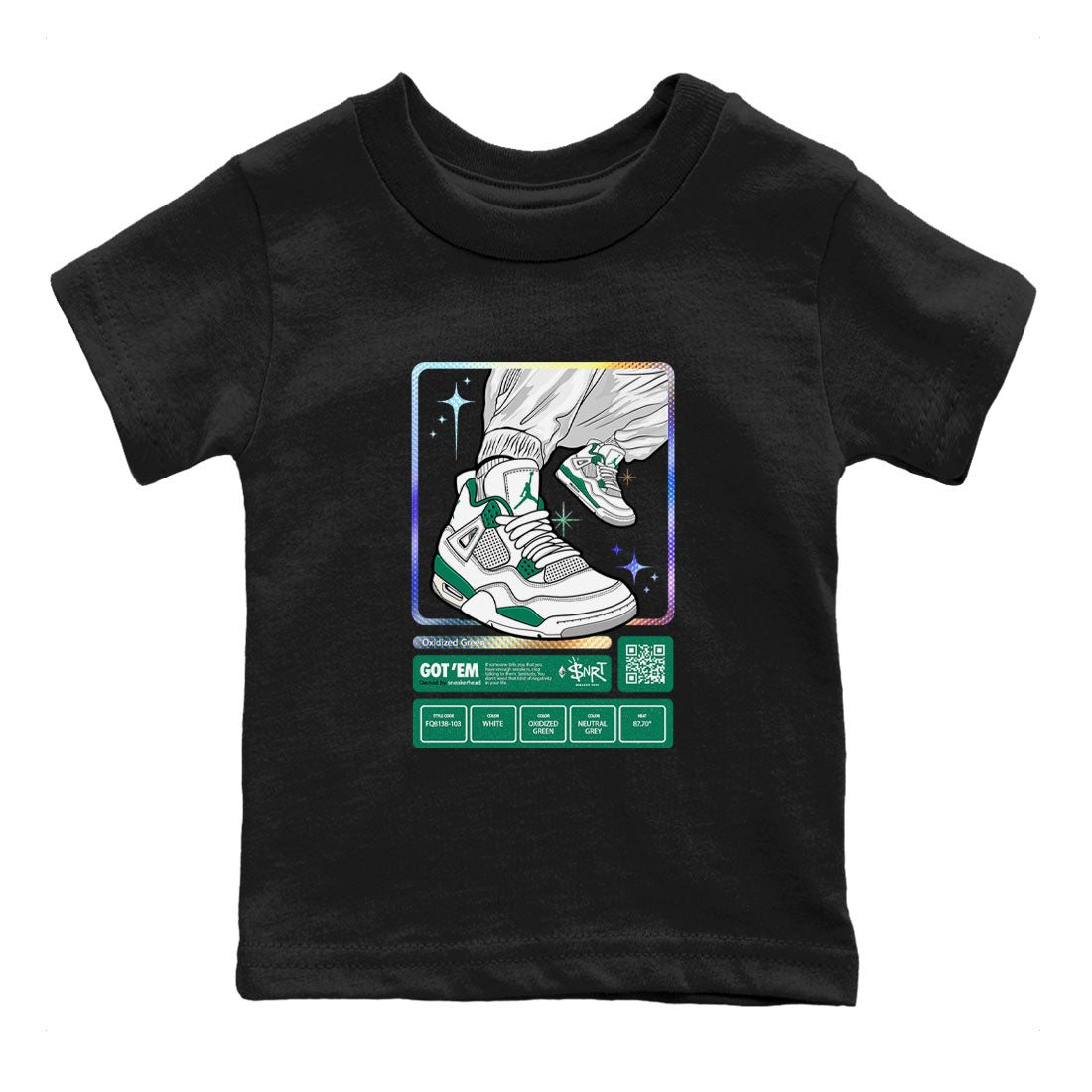 AJ4 Oxidized Green shirts to match jordans Sneaker Trading Card sneaker match tees Air Jordan 4 Oxidized Green Drip Gear Zone streetwear brand Baby and Youth Black 2 cotton tee