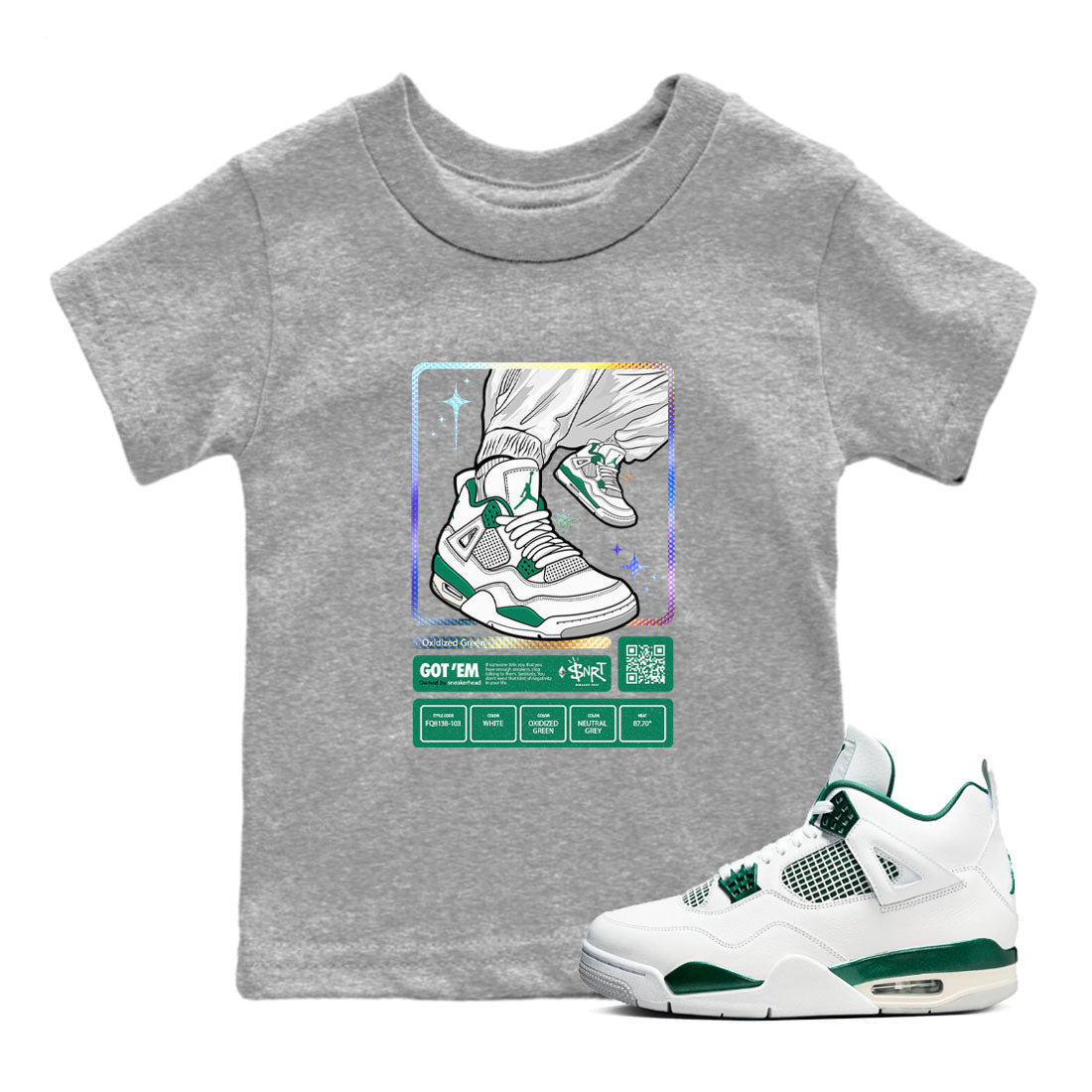 AJ4 Oxidized Green shirts to match jordans Sneaker Trading Card sneaker match tees Air Jordan 4 Oxidized Green Drip Gear Zone streetwear brand Baby and Youth Heather Grey 1 cotton tee