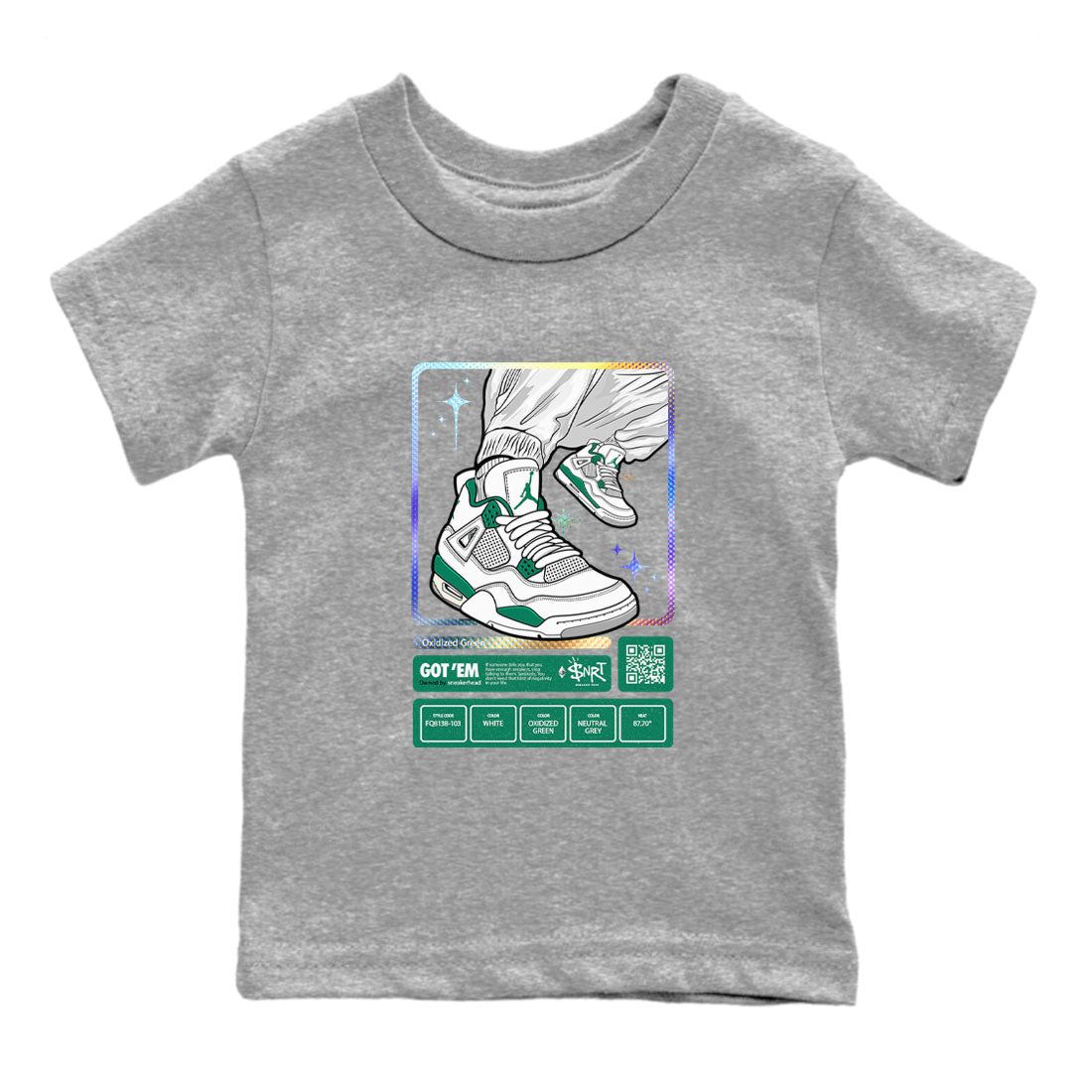 AJ4 Oxidized Green shirts to match jordans Sneaker Trading Card sneaker match tees Air Jordan 4 Oxidized Green Drip Gear Zone streetwear brand Baby and Youth Heather Grey 2 cotton tee