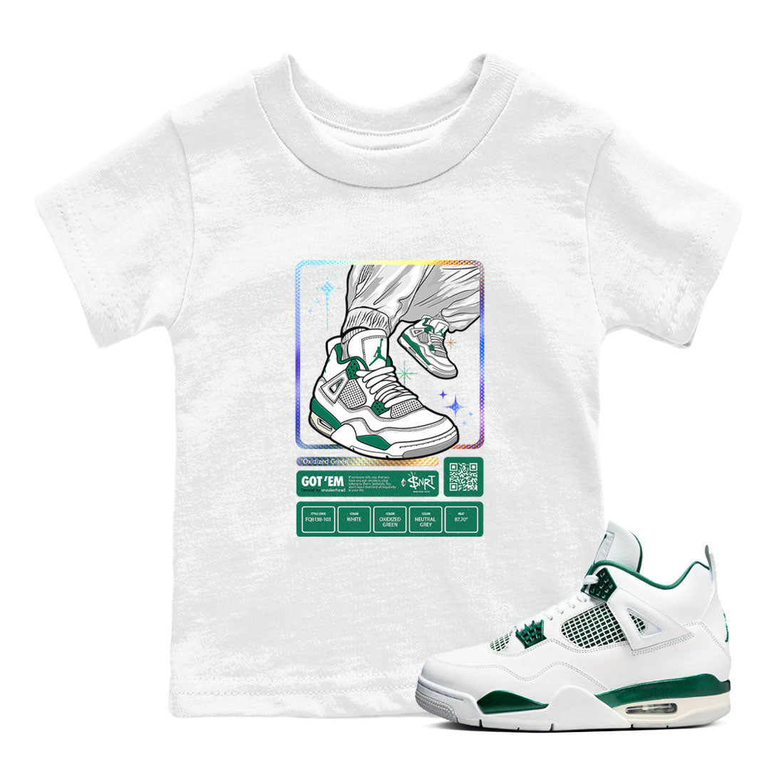 AJ4 Oxidized Green shirts to match jordans Sneaker Trading Card sneaker match tees Air Jordan 4 Oxidized Green Drip Gear Zone streetwear brand Baby and Youth White 1 cotton tee