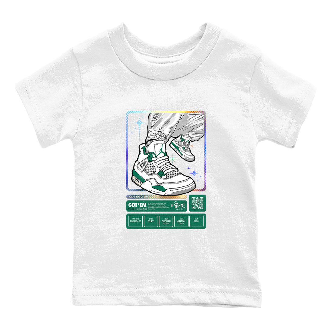 AJ4 Oxidized Green shirts to match jordans Sneaker Trading Card sneaker match tees Air Jordan 4 Oxidized Green Drip Gear Zone streetwear brand Baby and Youth White 2 cotton tee