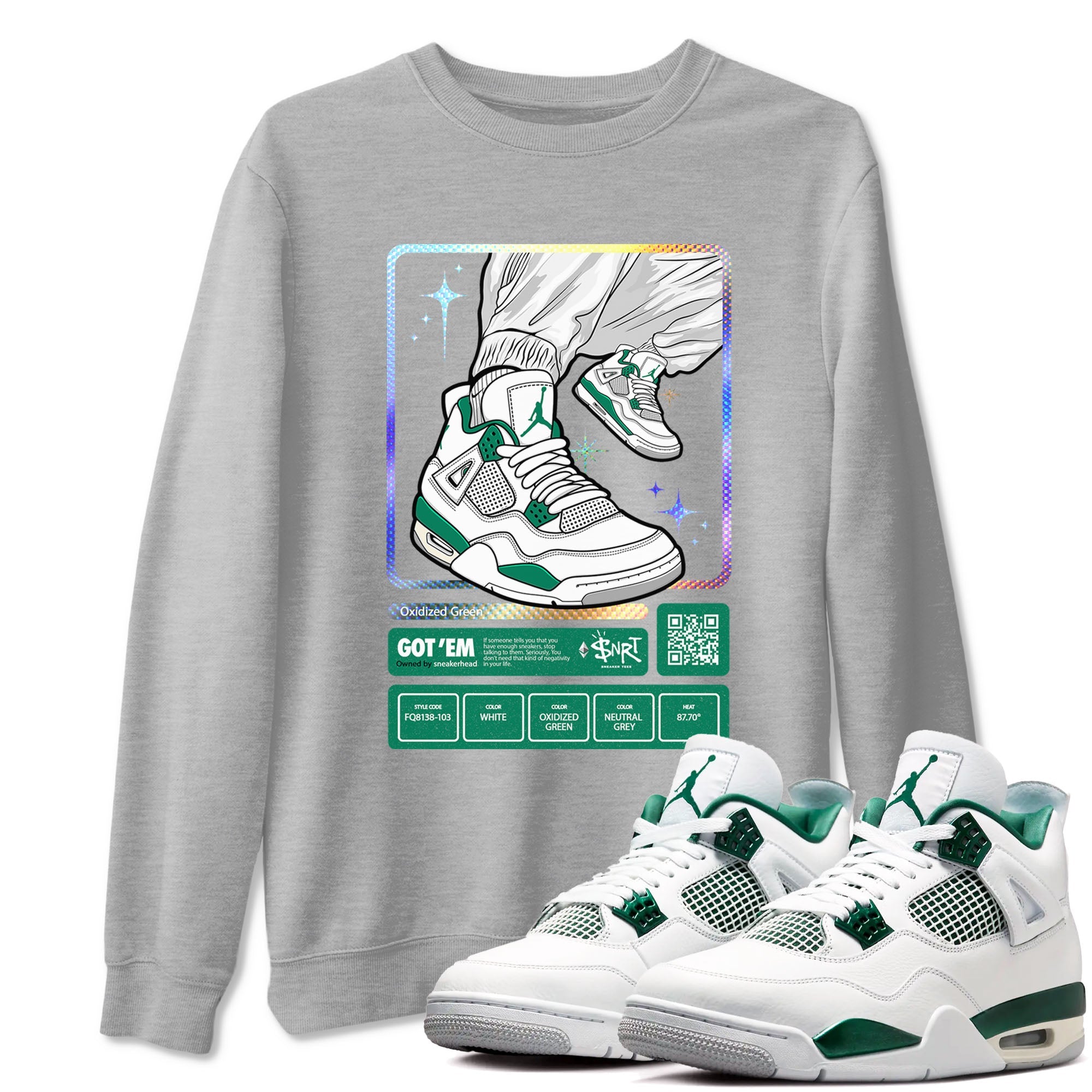 AJ4 Oxidized Green shirts to match jordans Sneaker Trading Card sneaker match tees Air Jordan 4 Oxidized Green Drip Gear Zone streetwear brand Heather Grey 1 unisex cotton tee
