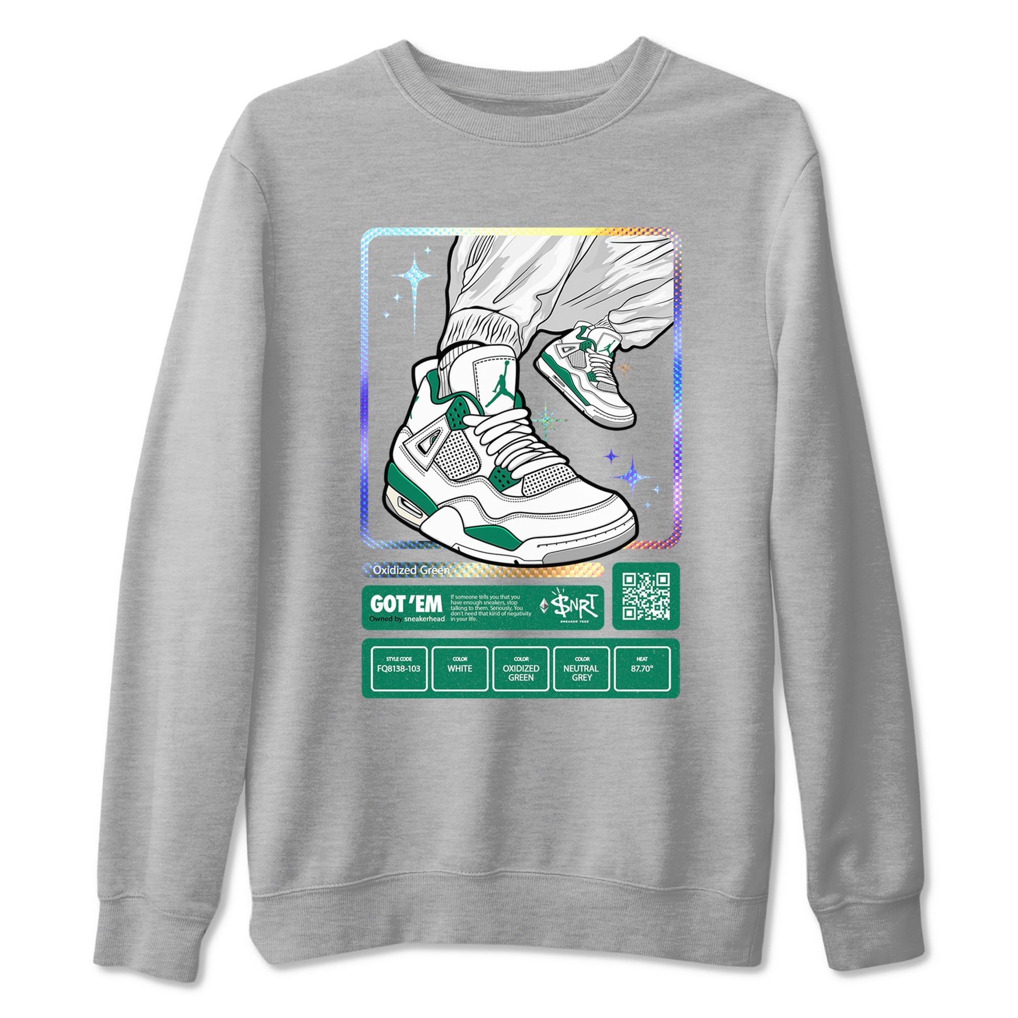AJ4 Oxidized Green shirts to match jordans Sneaker Trading Card sneaker match tees Air Jordan 4 Oxidized Green Drip Gear Zone streetwear brand Heather Grey 2 unisex cotton tee